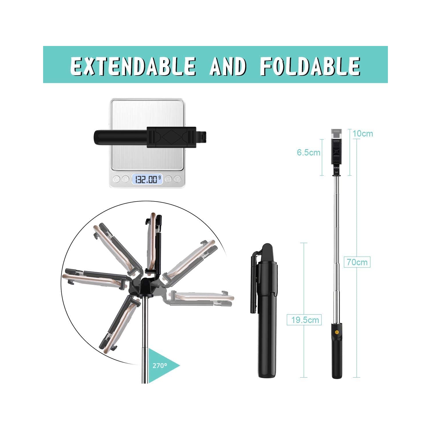 Selfie Stick Tripod, Adjustable Extendable Phone Tripod Stand with Phone Mount & Wireless Remote, Fits iPhone Android