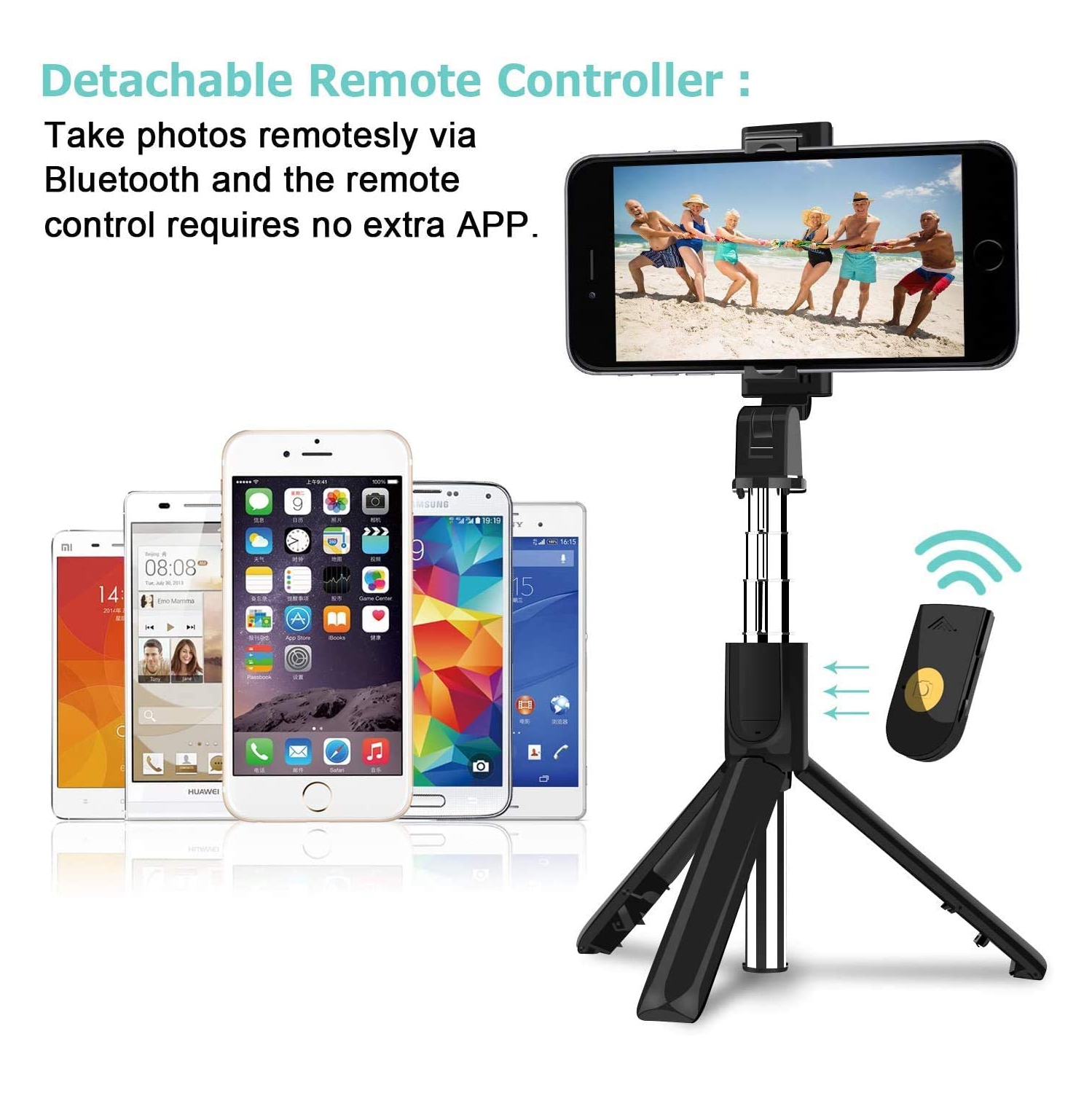 Selfie Stick Tripod, Adjustable Extendable Phone Tripod Stand with Phone Mount & Wireless Remote, Fits iPhone Android