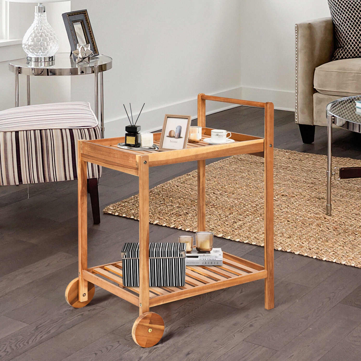 Gymax 2-Tier Acacia Rolling Kitchen Trolley Cart Dining Serving Cart Outdoor w/ Wheels