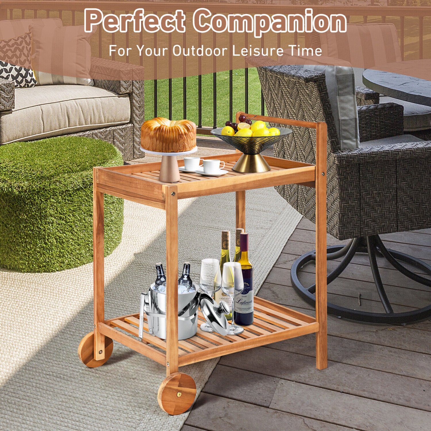 Gymax 2-Tier Acacia Rolling Kitchen Trolley Cart Dining Serving Cart Outdoor w/ Wheels