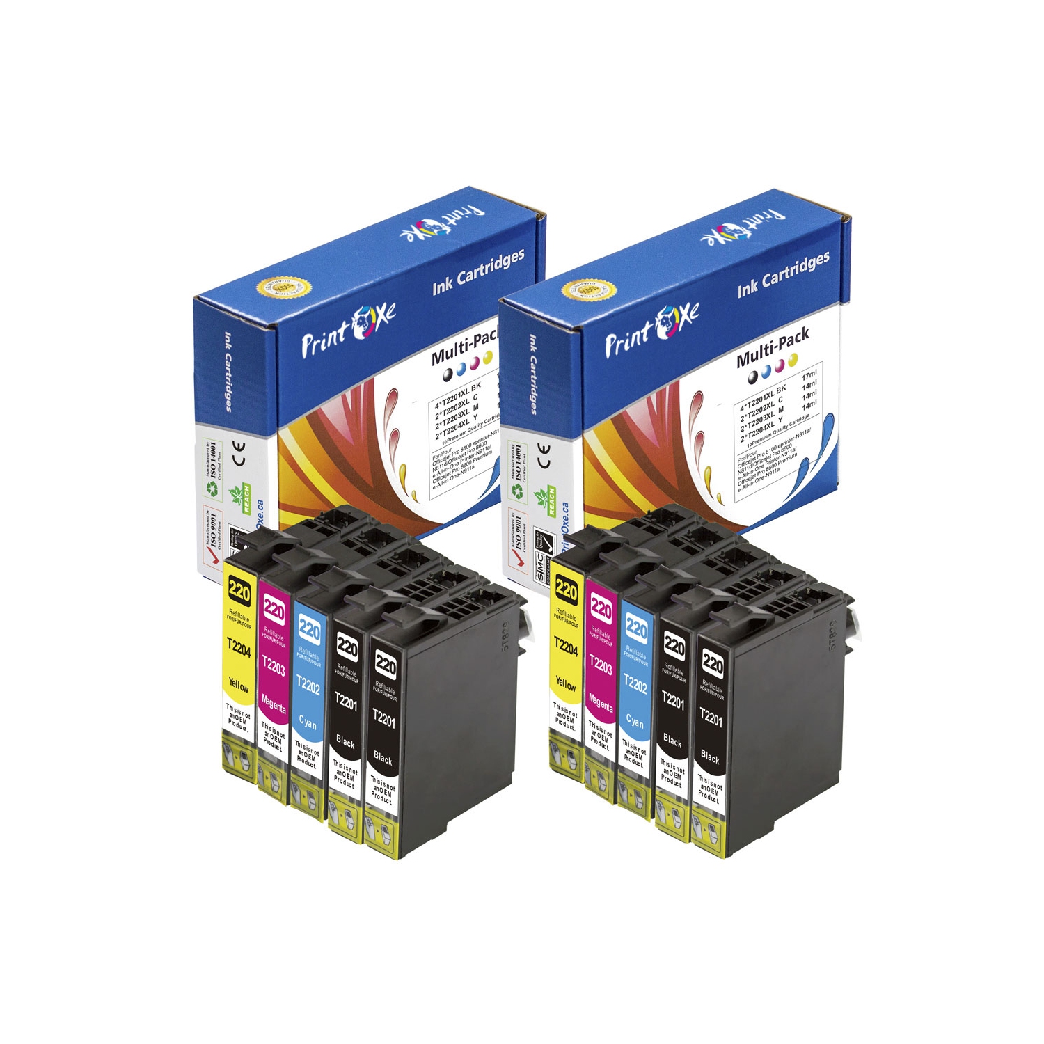 Cartouches d’encre reconstruites PRINTOXE® T220XL 10 pour T220 4 noire T2201, 2 cyan T2202 , 2 magenta T2203 et 2 jaune T2204 utiliser 220XL pour