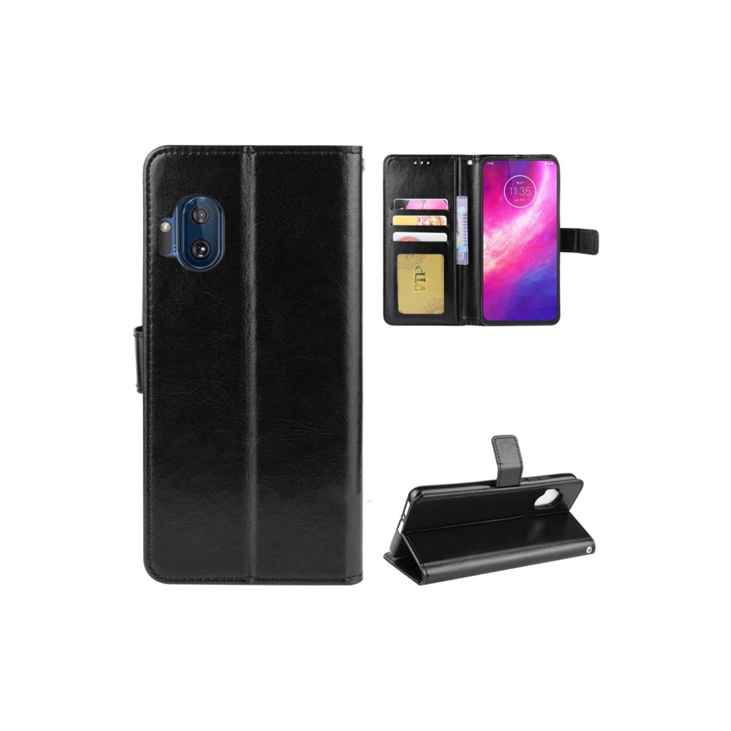 [CS] Motorola Moto One Hyper Case, Magnetic Leather Folio Wallet Flip Case Cover with Card Slot, Black