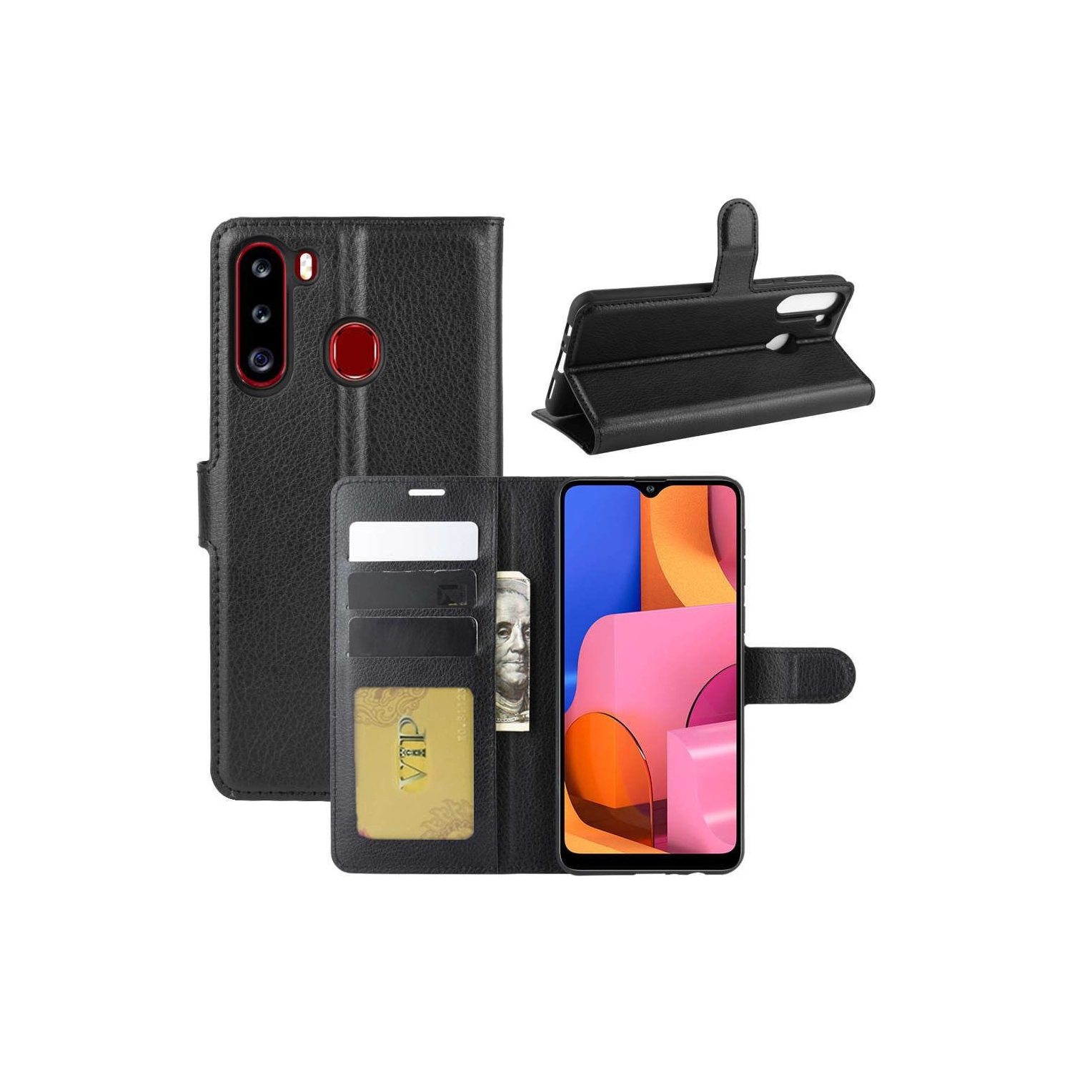 [CS] Samsung Galaxy A21, étui folio portefeuille en cuir magnétique avec fente pour carte, noir