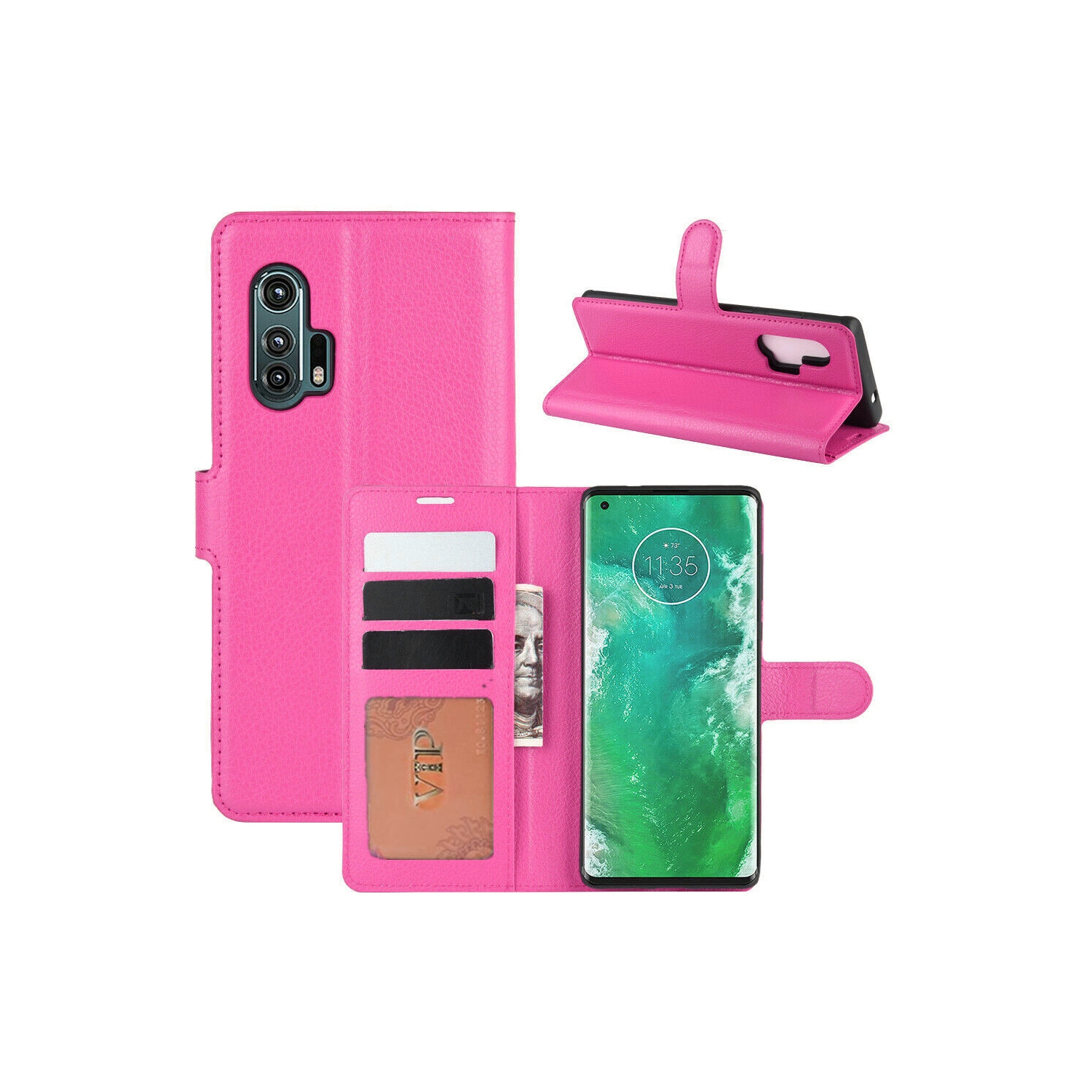 [CS] Motorola Moto Edge + / Edge Plus Case, Magnetic Leather Folio Wallet Flip Case Cover with Card Slot, Hot Pink