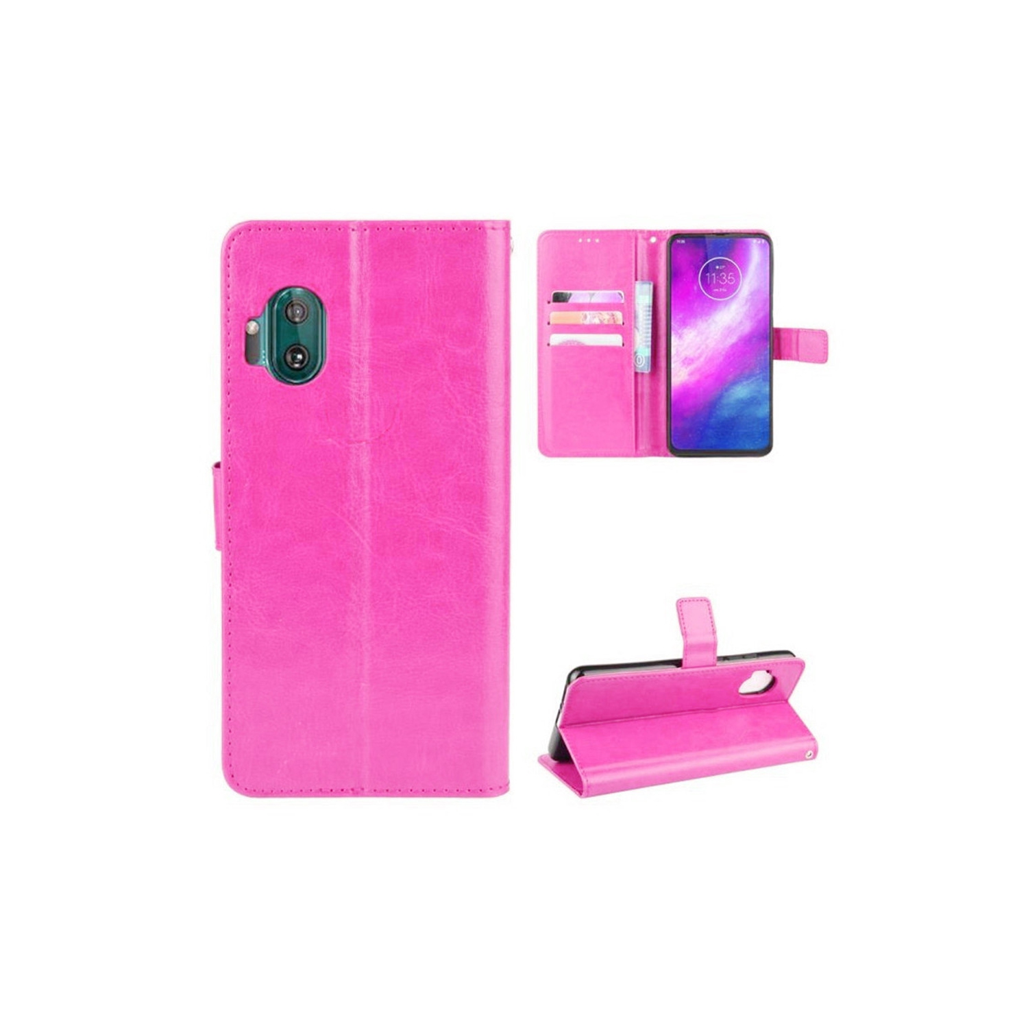 【CSmart】 Magnetic Card Slot Leather Folio Wallet Flip Case Cover for Motorola Moto One Hyper, Hot Pink