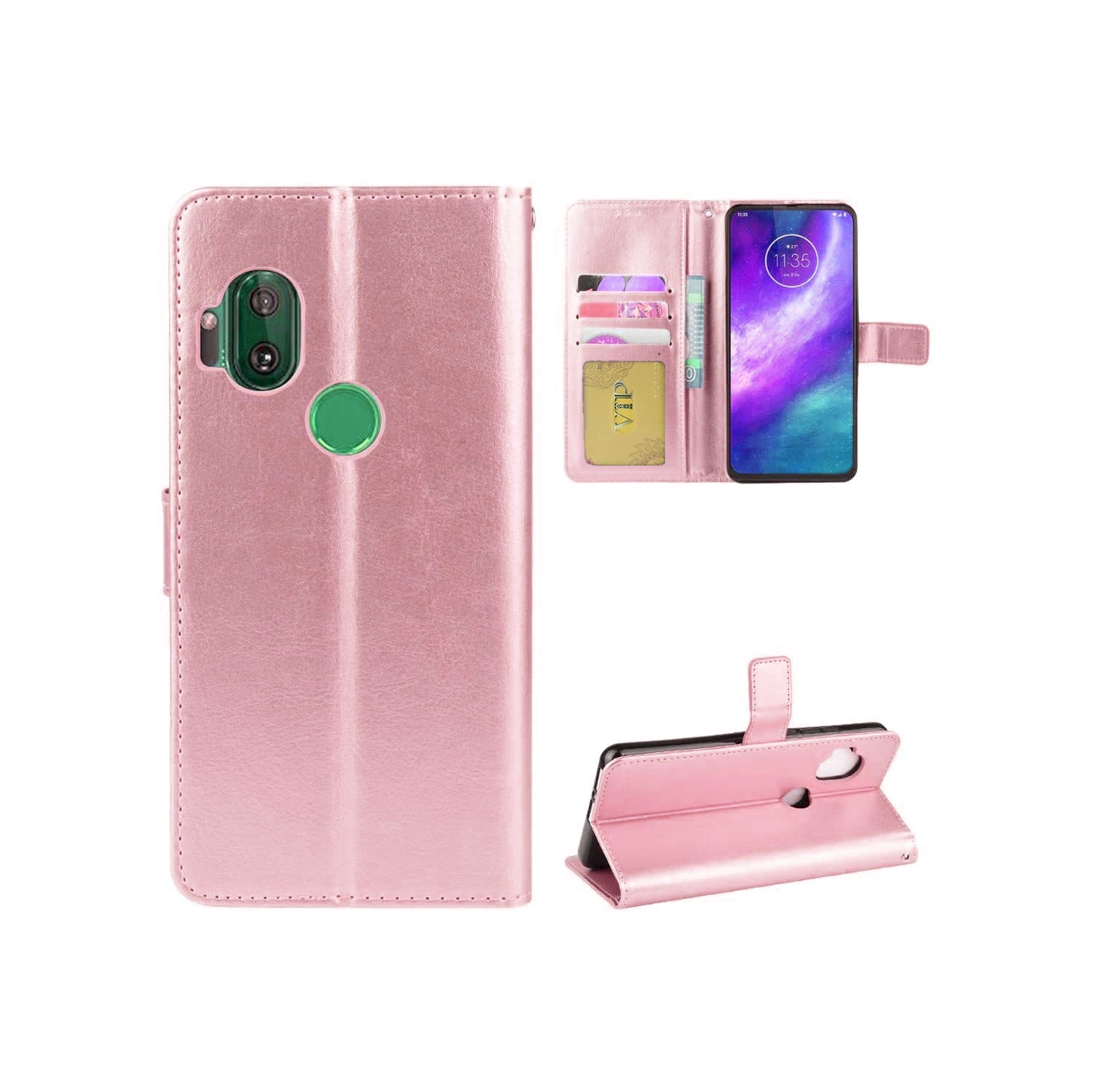[CS] Motorola Moto One Hyper Case, Magnetic Leather Folio Wallet Flip Case Cover with Card Slot, Rose Gold