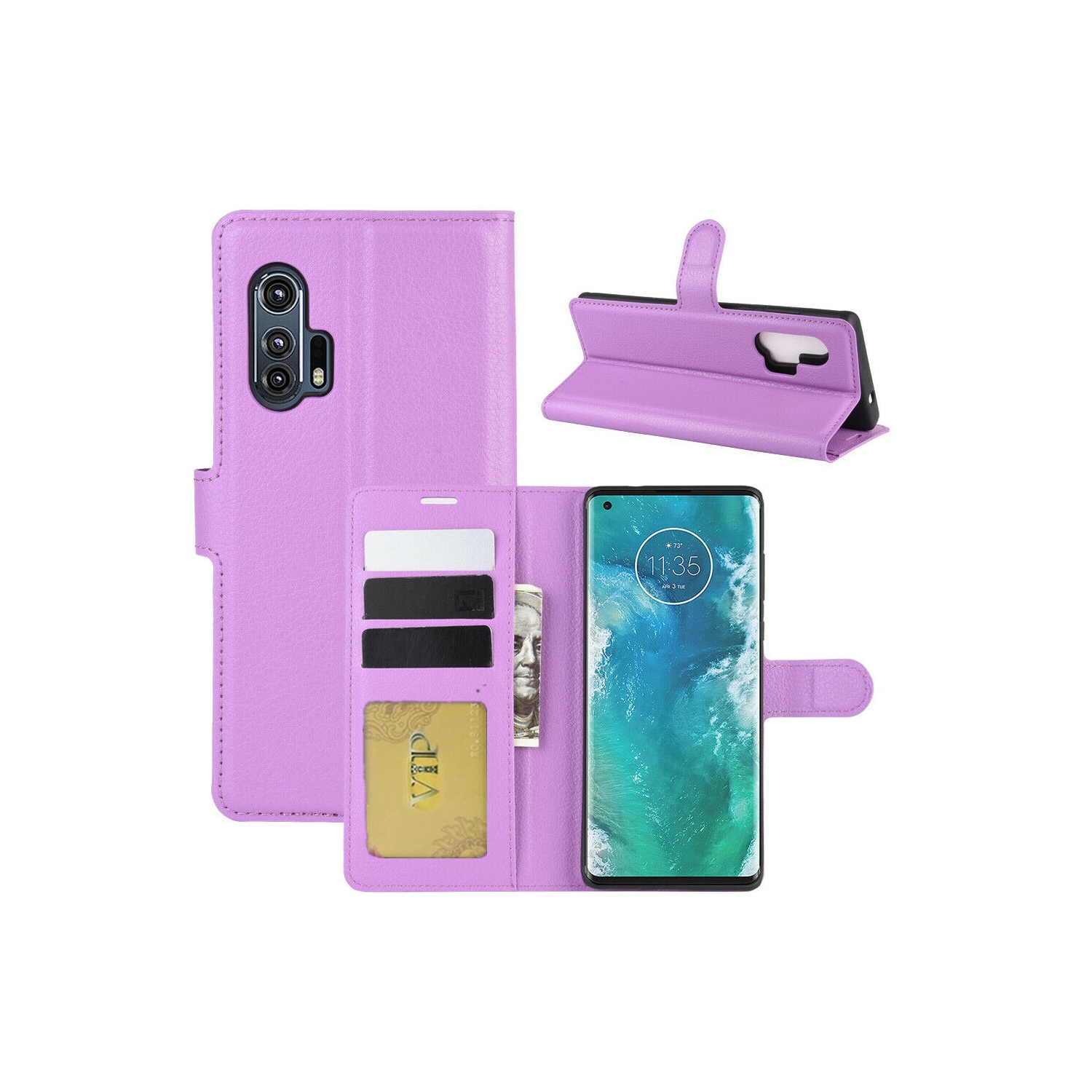 [CS] Motorola Moto Edge + / Edge Plus Case, Magnetic Leather Folio Wallet Flip Case Cover with Card Slot, Purple