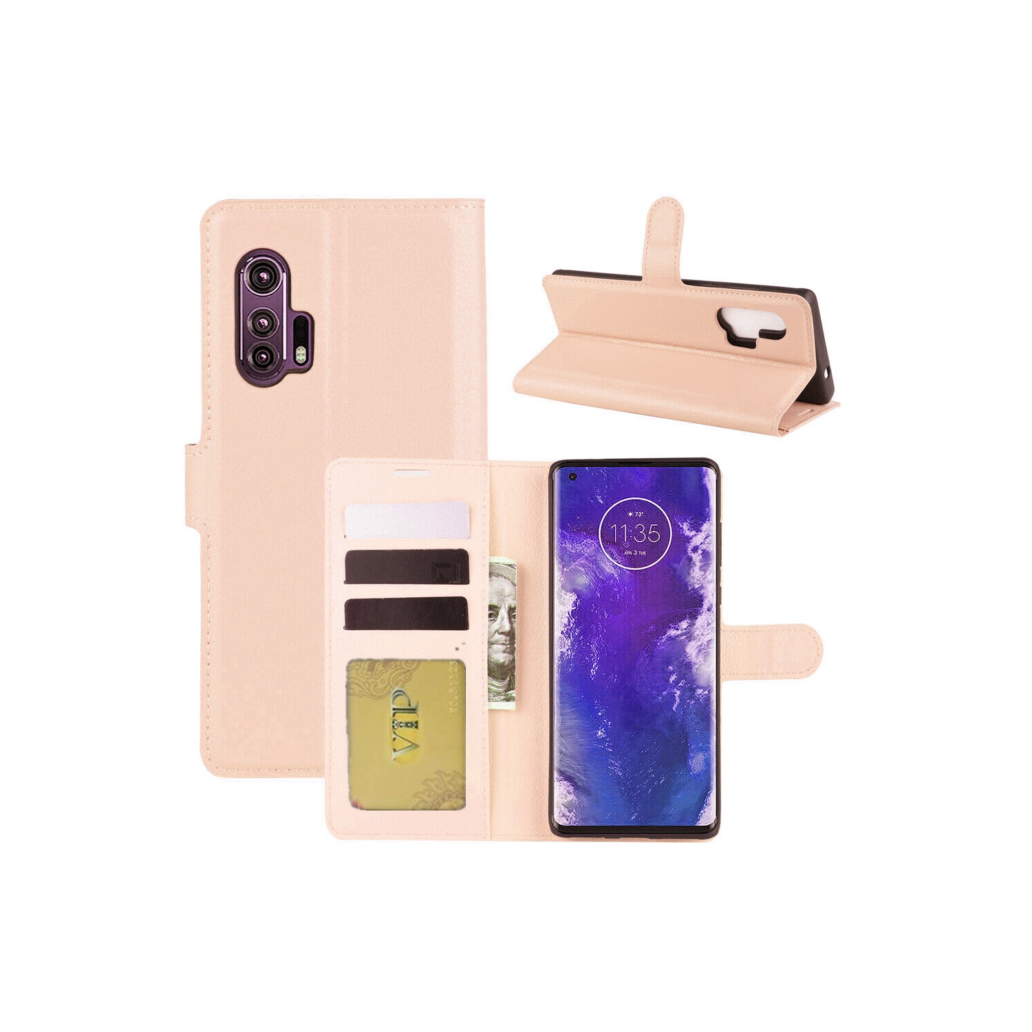 [CS] Motorola Moto Edge + / Edge Plus Case, Magnetic Leather Folio Wallet Flip Case Cover with Card Slot, Rose Gold