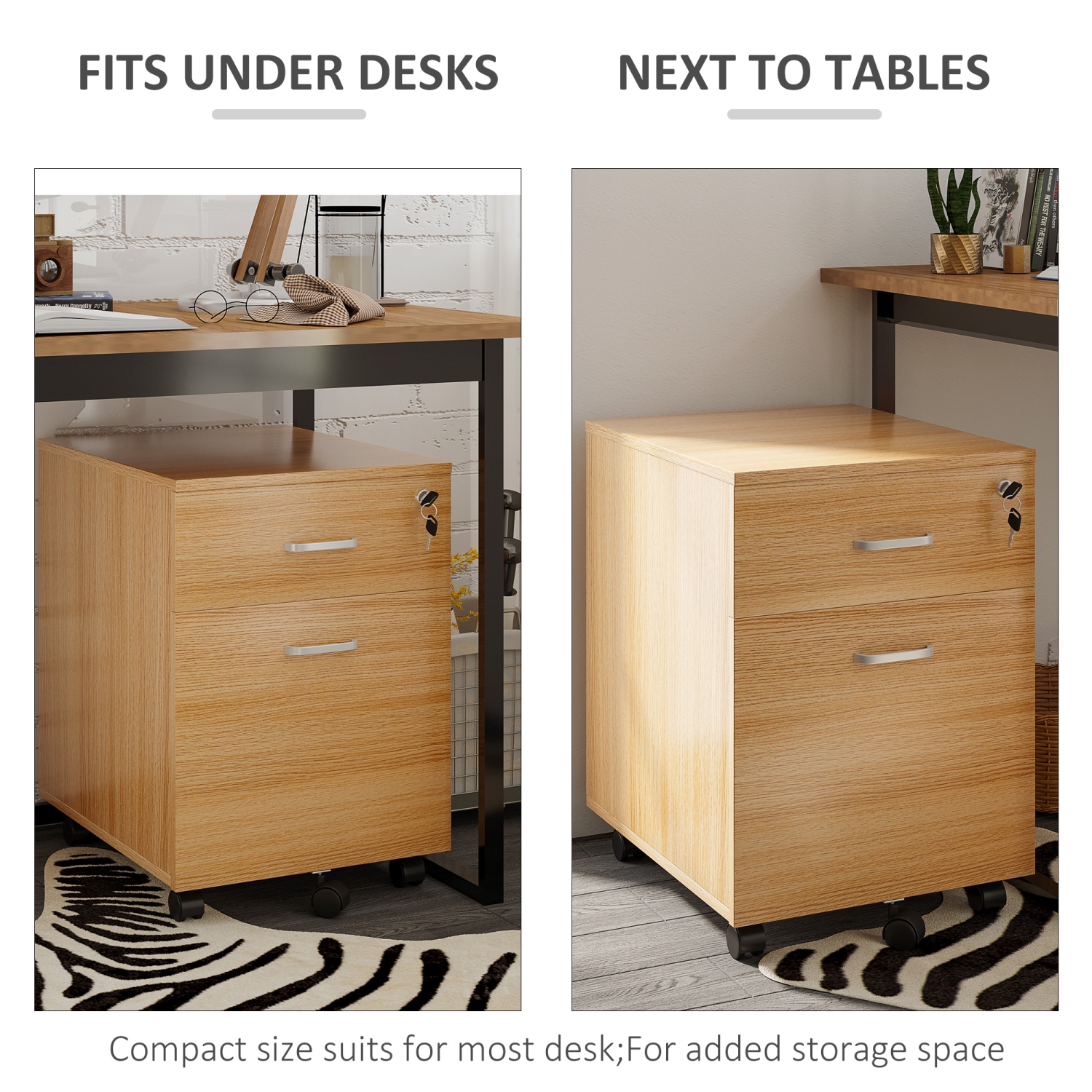 Vinsetto – Classeur à 2 tiroirs avec serrure et clés, classeur vertical mobile avec roulettes et tiroirs, armoire de bureau, naturel