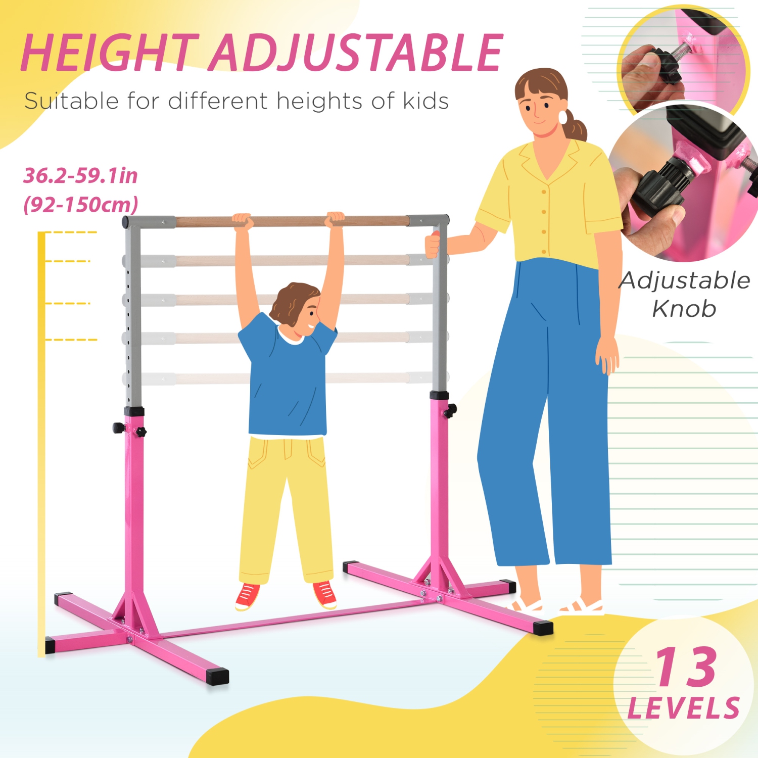 Soozier – barre de gymnastique professionnelle pour enfants, équipement de  gymnastique à domicile pour tout-petits avec hauteur réglable à 13 niveaux,  gymnase avec cadre en acier