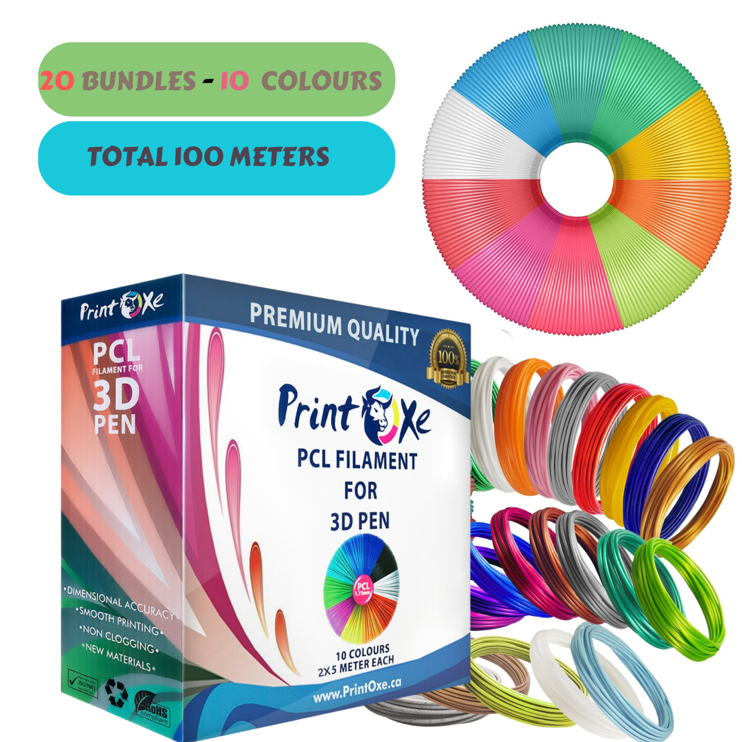 PRINTOXE® 3D PLA Pen Filament Refills 10 Colors Each 10 Meter Long Packed in 5 Meter 2 Pack Each Colour - 20 Vacuumed Bags