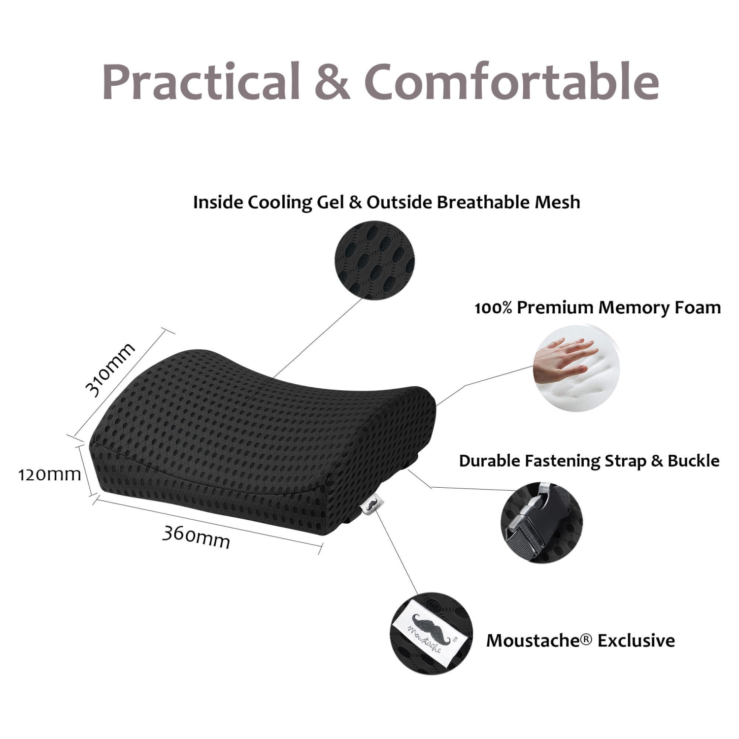 Cool Gel Memory Foam Lumbar Support Pillow, Black(310 x 360 x 120mm) used for Car Seat, Chair, Home, Seat - Moustache®-Black
