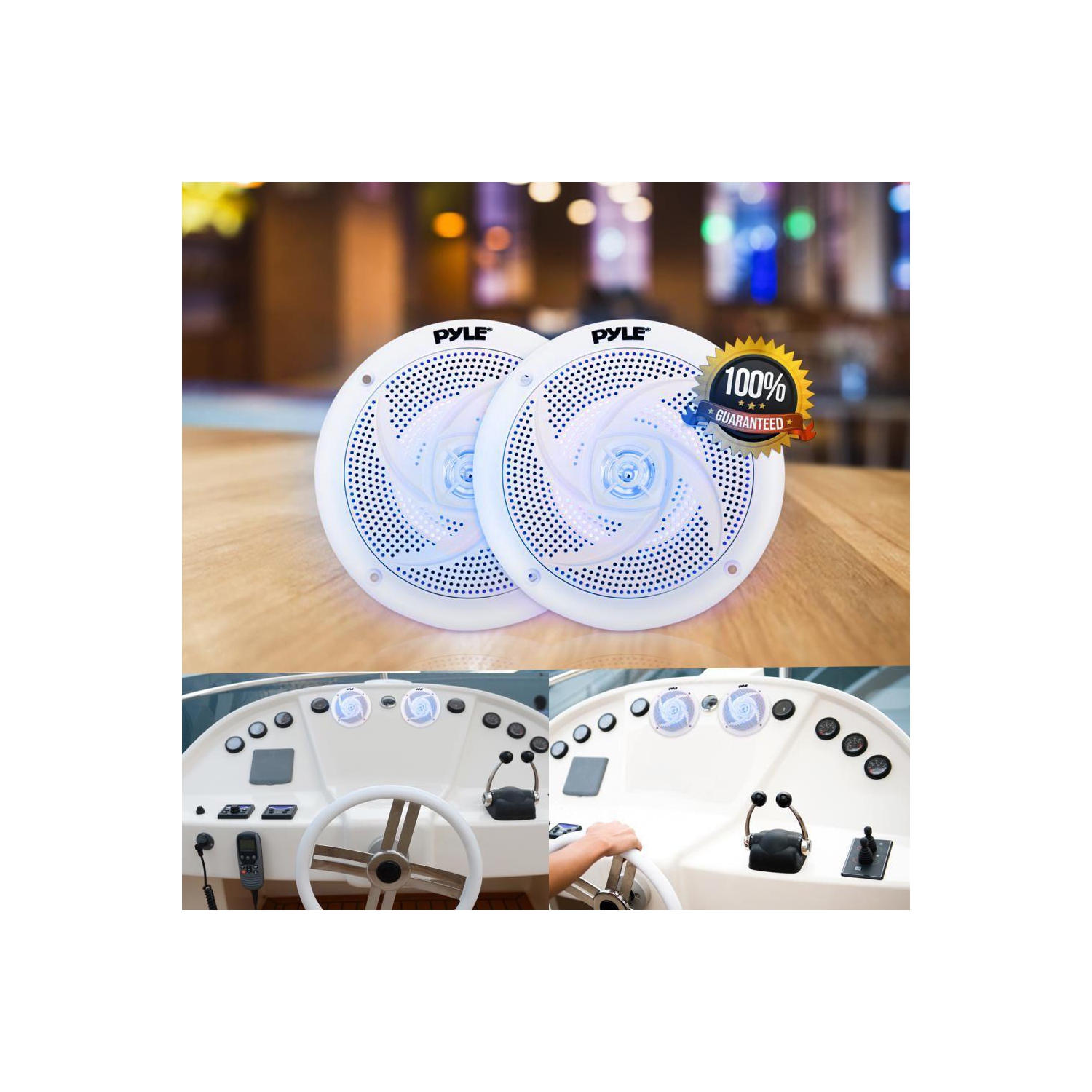 Pyle Pair of Slim Style Waterproof Marine Speakers, LED Lights, 4.0'' - White