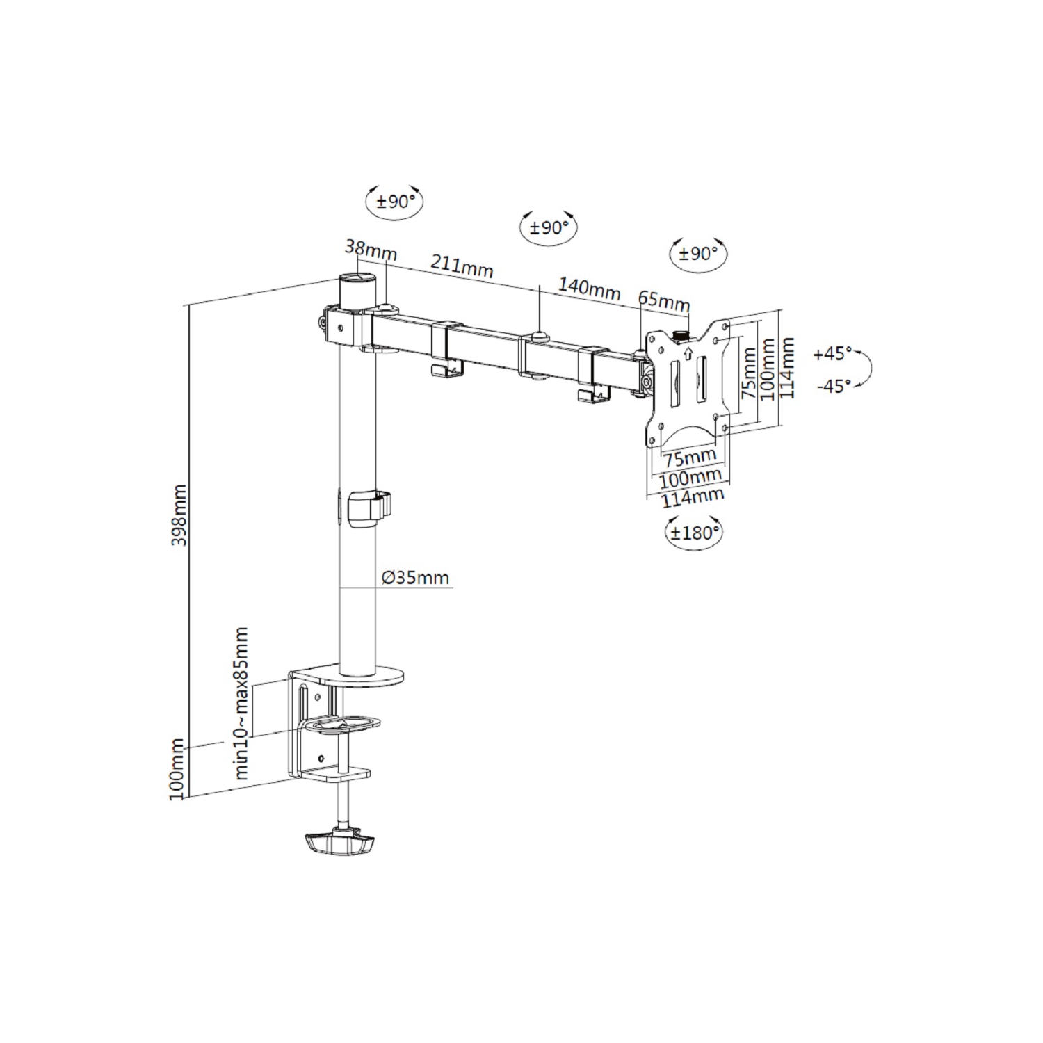 Amer Mounts Single Monitor C-Clamp Desk Mount Fully Adjustable/Tilt/Articulating For 17"-32" Screens - EZCLAMP