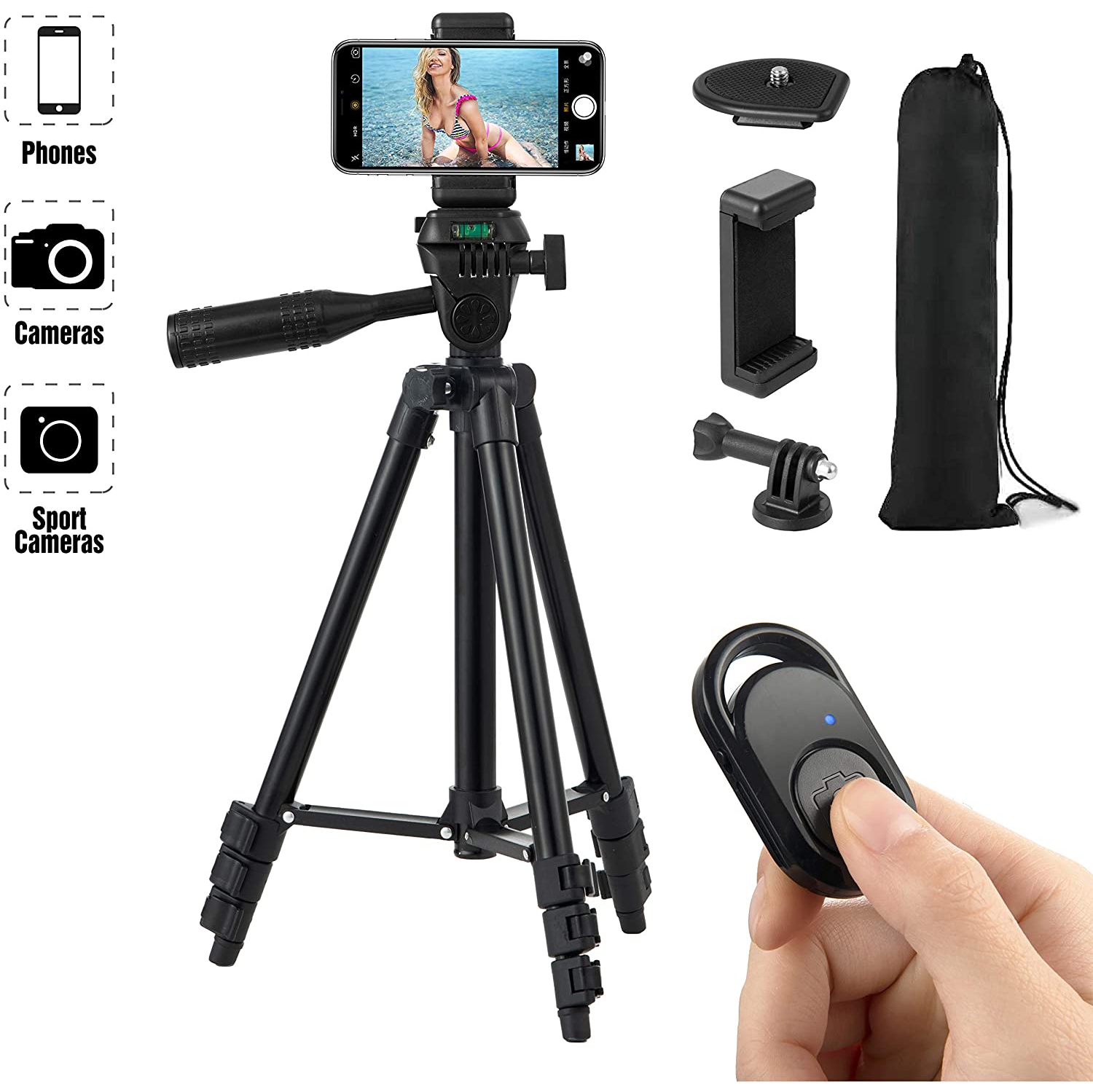 HITSLAM 51 Inch 130cm Aluminum Lightweight Phone Tripod for Apple Samsung Huawei Smartphone, Camera with Bluetooth Remote Control, Carrying Bag and Gopro Mount (Black)