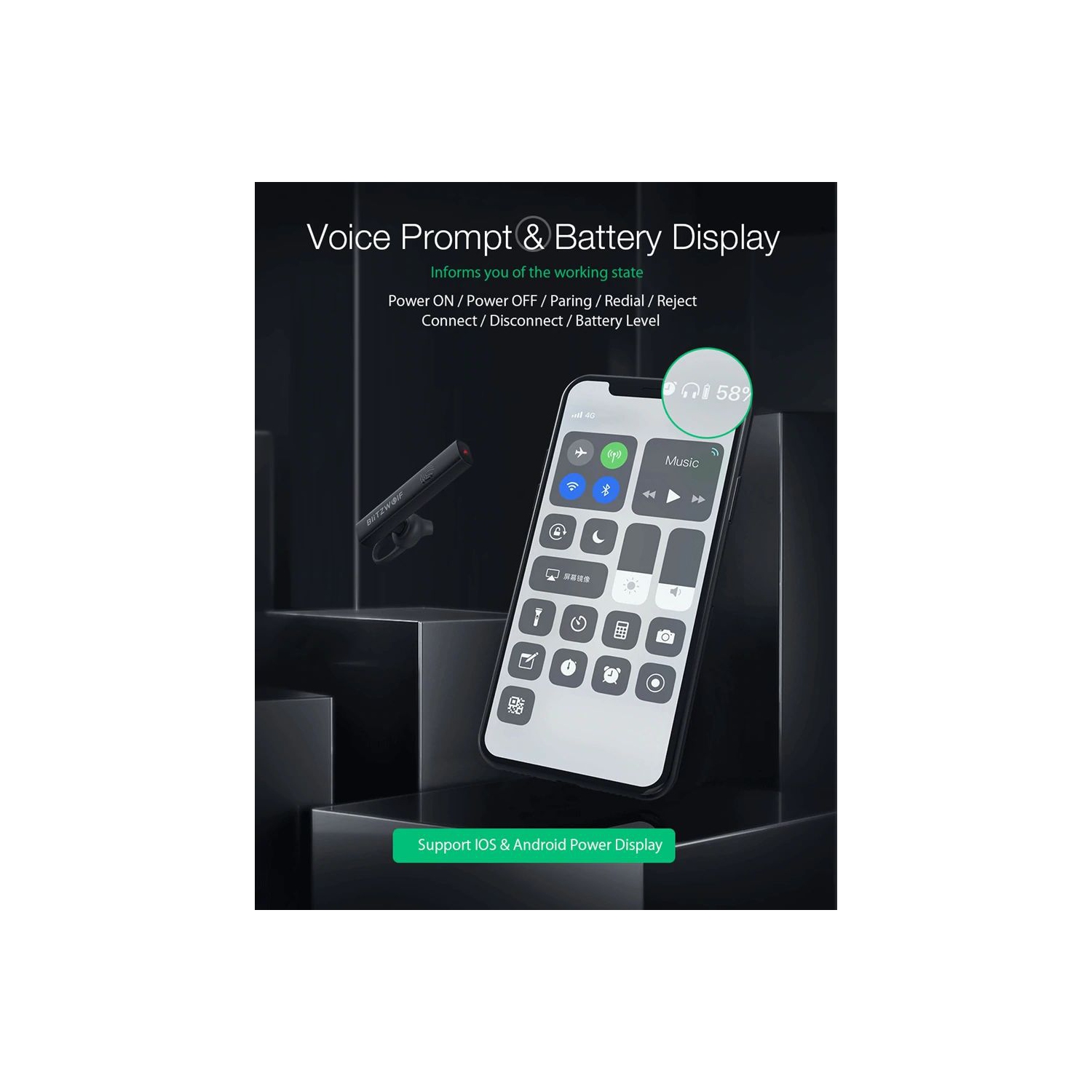Écouteurs sans fil bluetooth BW-BH1 de BlitzWolf, Mini Light Smart Touch HD Calls/suppression du bruit/écouteurs bouton