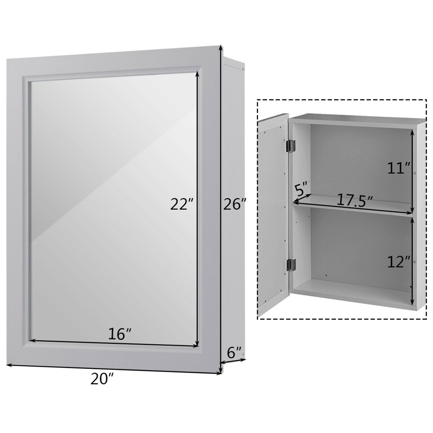 Gymax Mirrored Medicine Cabinet Wall-Mounted Bathroom Storage Organizer W/Shelf Grey