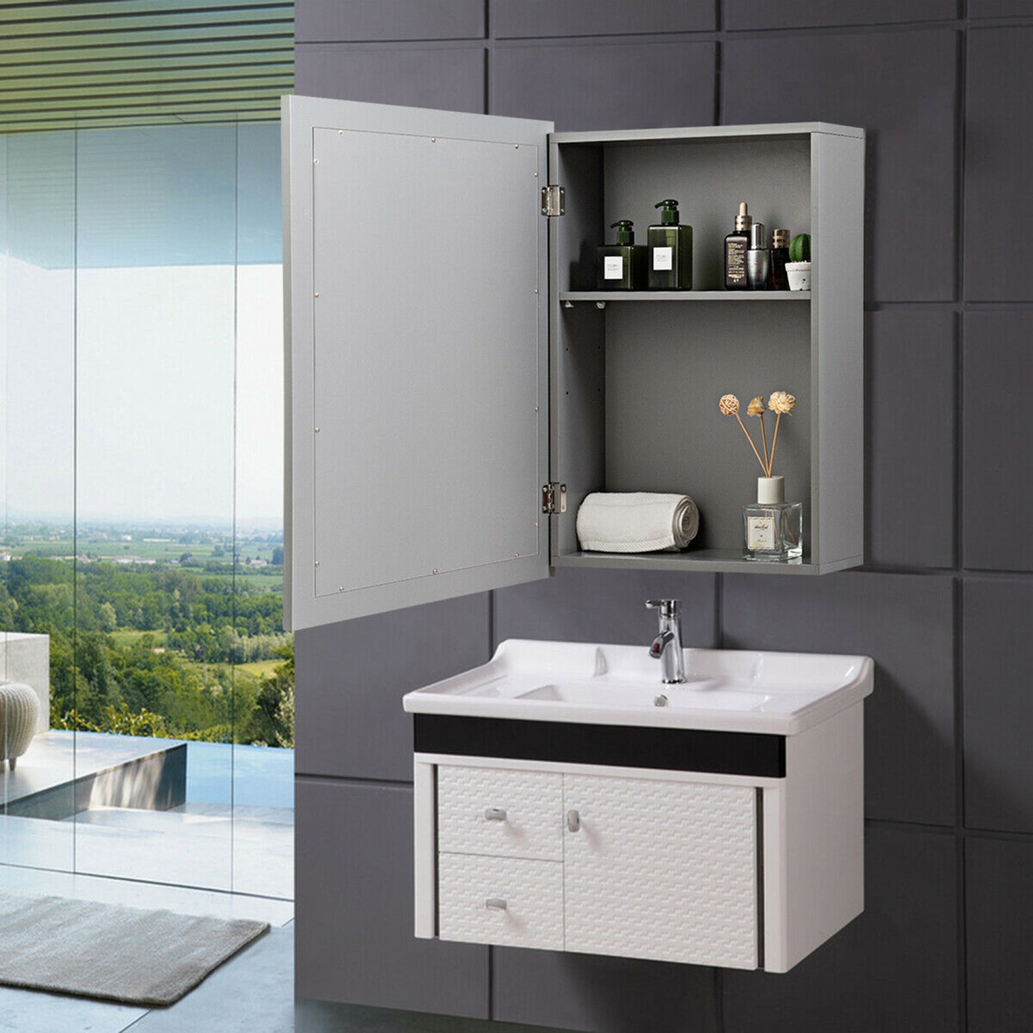 Gymax Mirrored Medicine Cabinet Wall-Mounted Bathroom Storage Organizer W/Shelf Grey