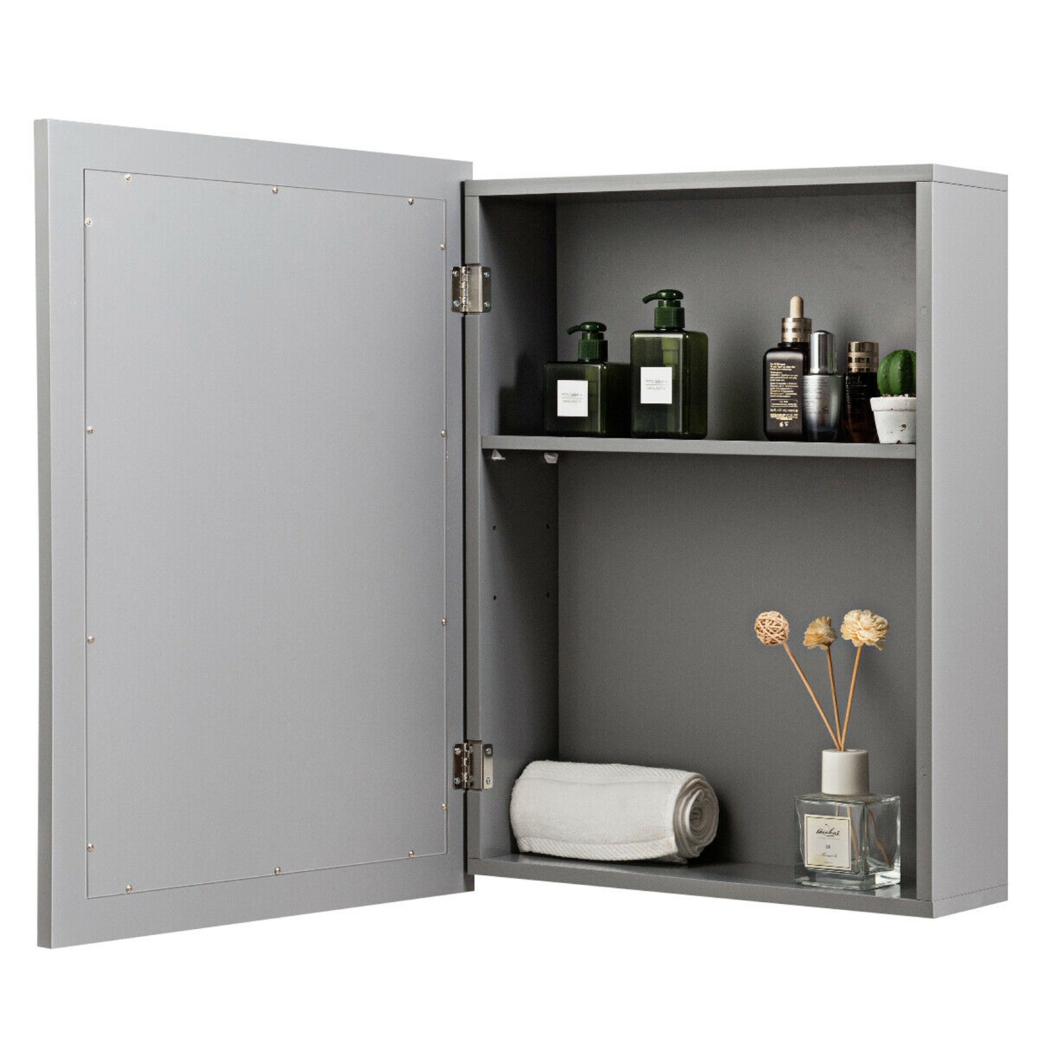 Gymax Mirrored Medicine Cabinet Wall-Mounted Bathroom Storage Organizer W/Shelf Grey