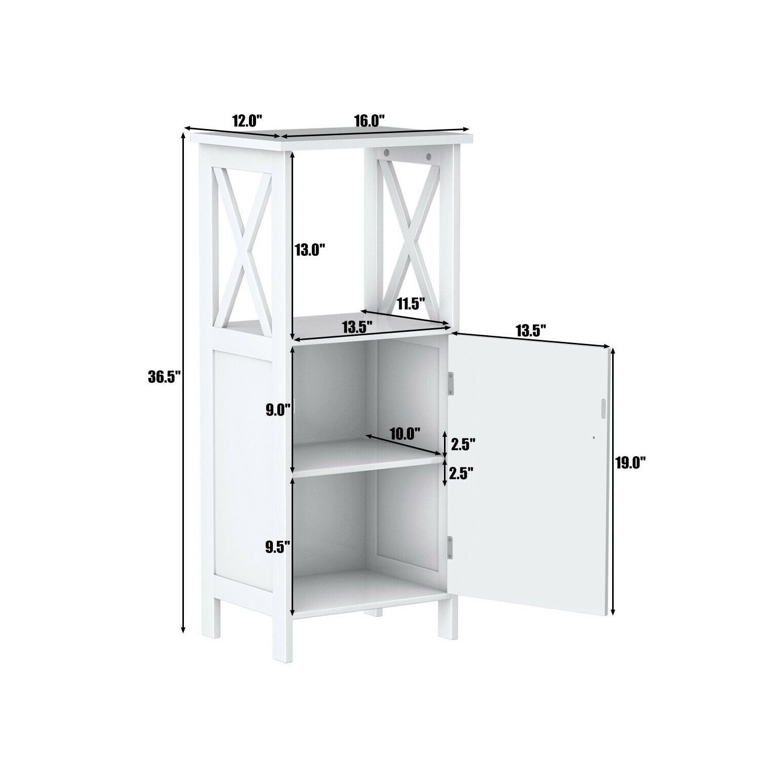 Gymax Bathroom Floor Storage Cabinet Organizer w/ Door Adjustable Shelf White