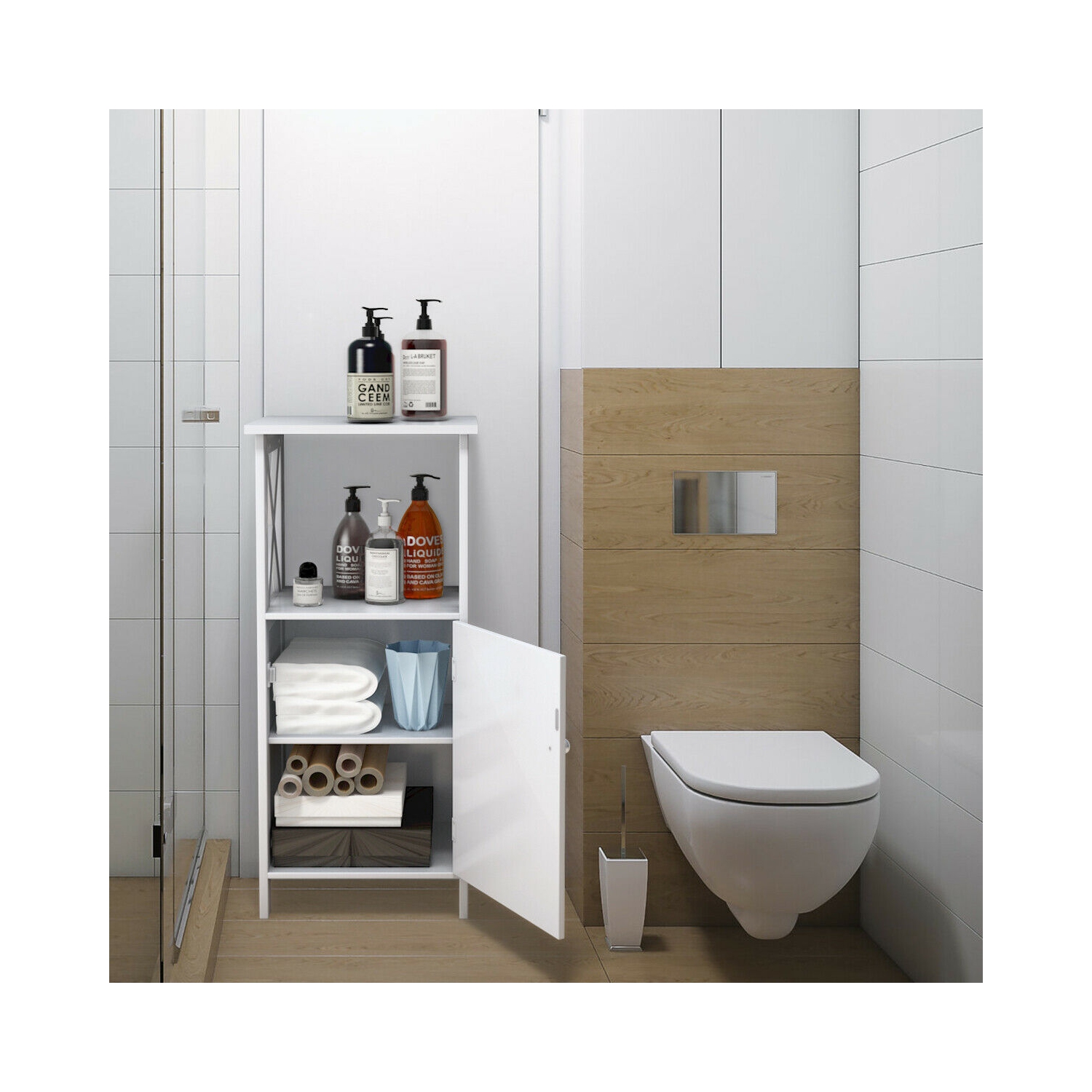 Gymax Bathroom Floor Storage Cabinet Organizer w/ Door Adjustable Shelf White