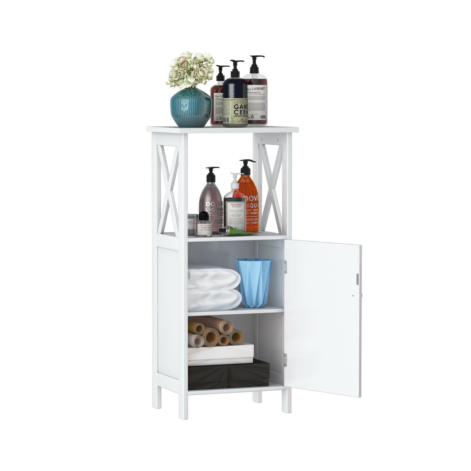 Gymax Bathroom Floor Storage Cabinet Organizer w/ Door Adjustable Shelf White
