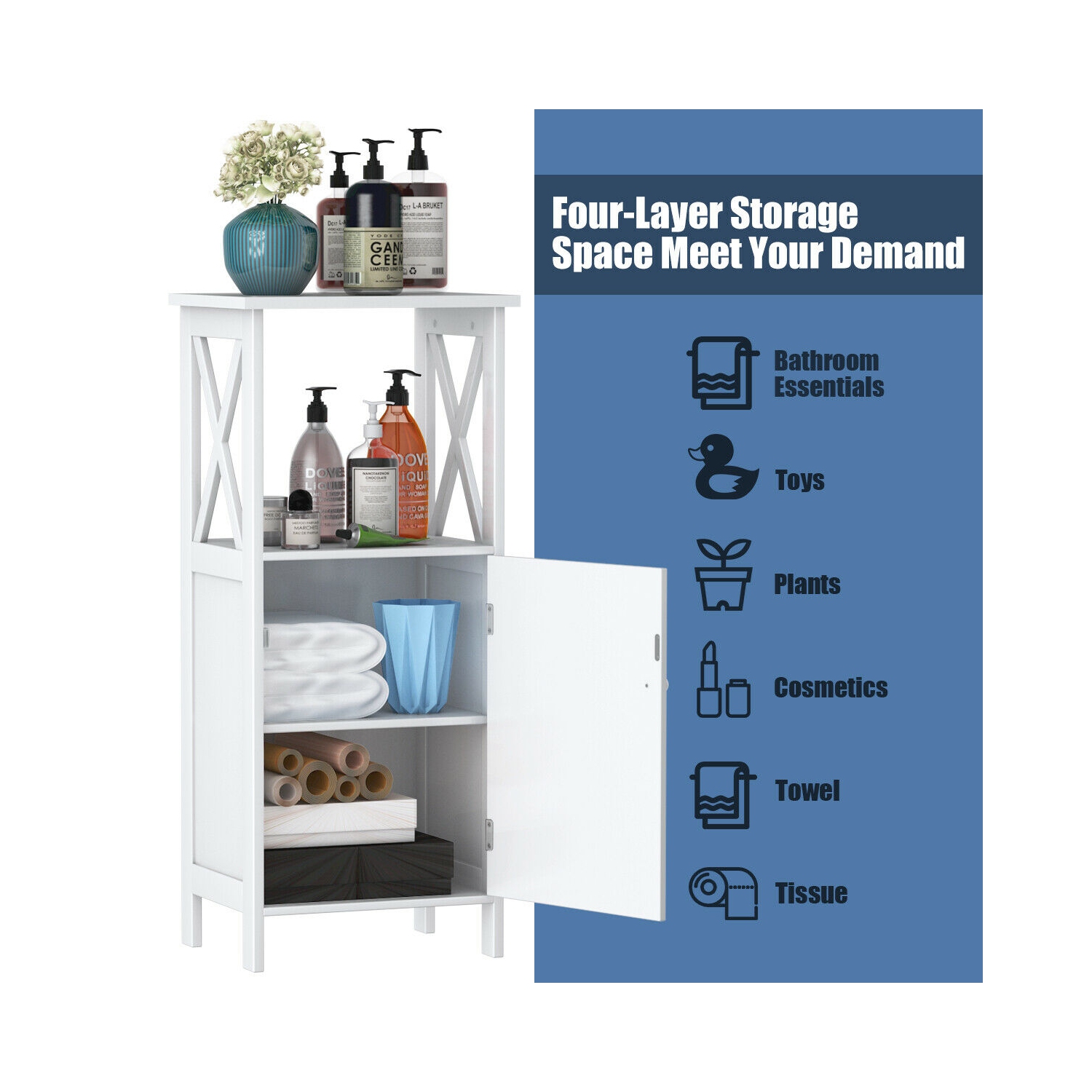 Gymax Bathroom Floor Storage Cabinet Organizer w/ Door Adjustable Shelf White