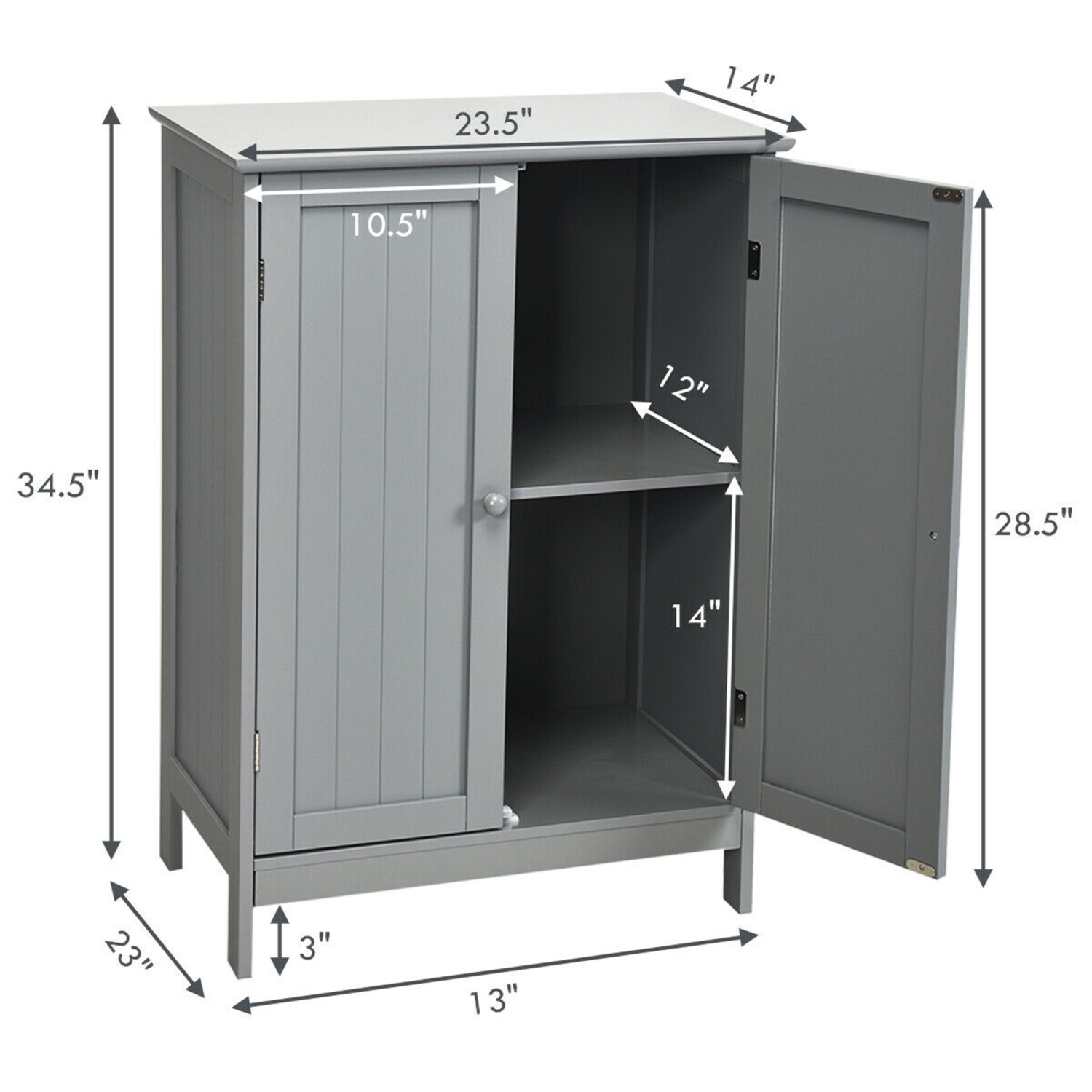 Gymax Bathroom Floor Cabinet Wooden Floor Storage Cabinet Living Room Modern Grey