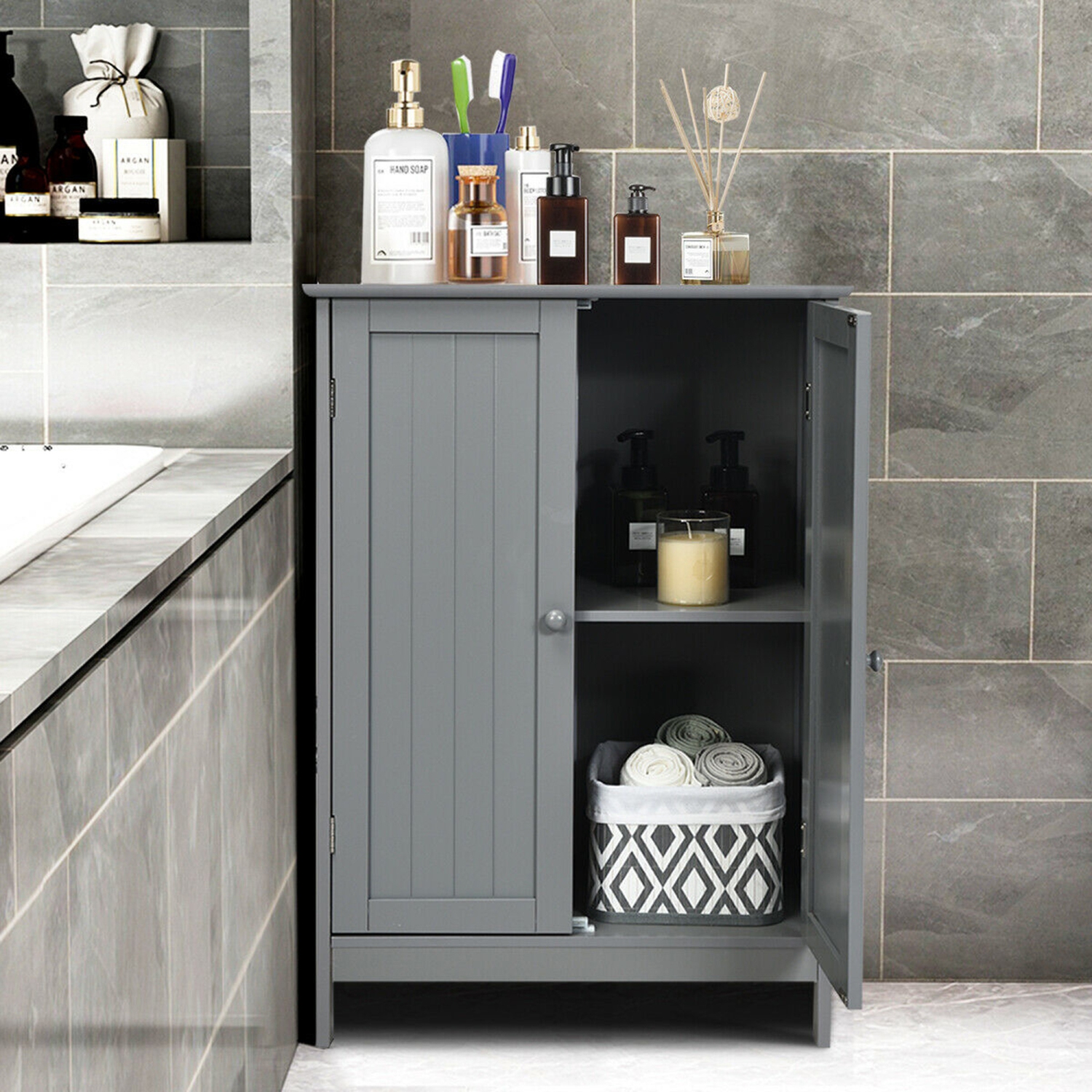 Gymax Bathroom Floor Cabinet Wooden Floor Storage Cabinet Living Room Modern Grey