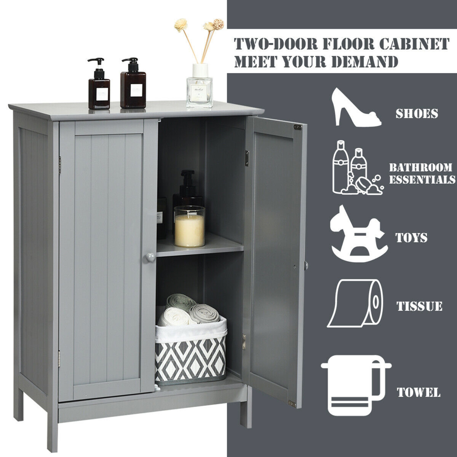 Gymax Bathroom Floor Cabinet Wooden Floor Storage Cabinet Living Room Modern Grey