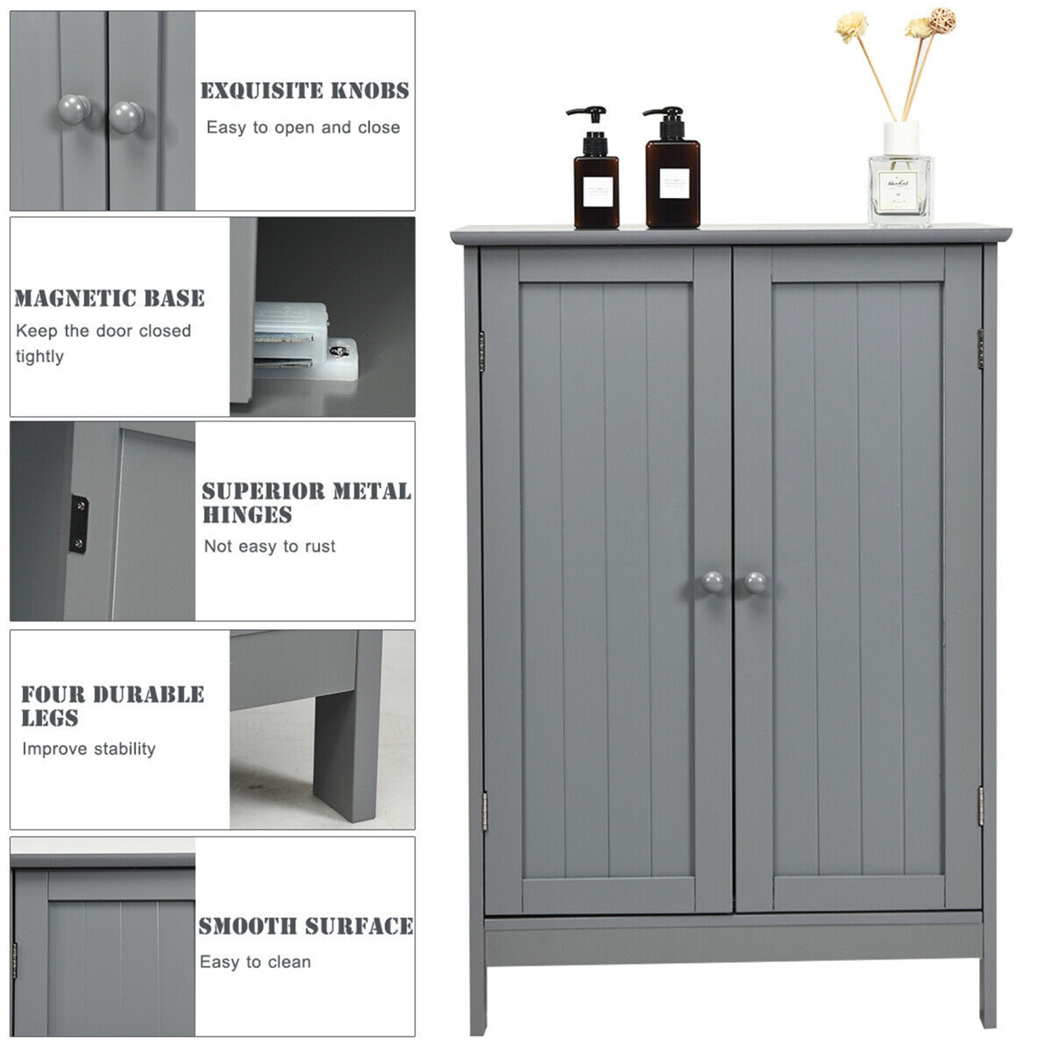 Gymax Bathroom Floor Cabinet Wooden Floor Storage Cabinet Living Room Modern Grey
