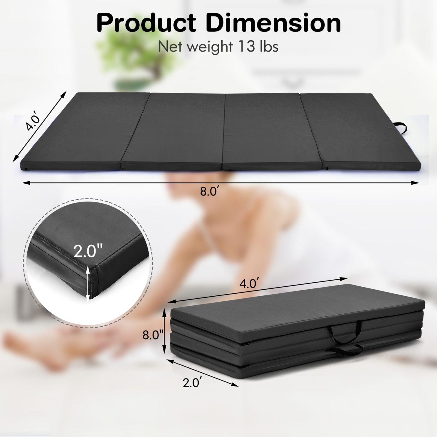 Gymax 8' x 4' x 2'' Folding Gymnastics Tumbling Mat Thickened Exercise Mat Black