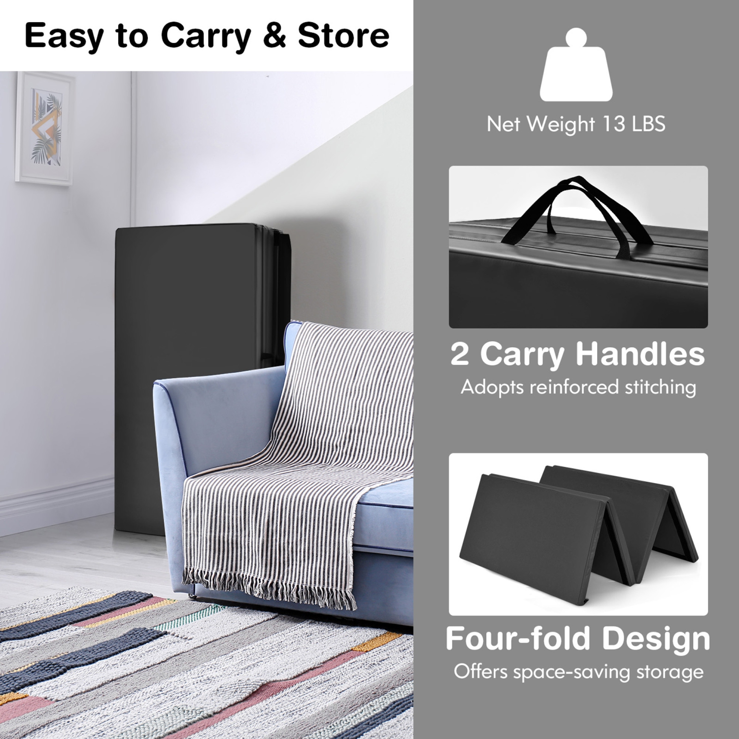 Gymax 8' x 4' x 2'' Folding Gymnastics Tumbling Mat Thickened Exercise Mat Black