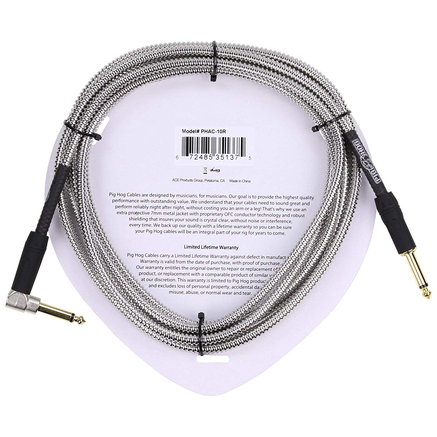 Pig Hog PHAC-10R Armor Clad Right-Angle 1/4" to 1/4" Guitar Instrument Cable, 10 Feet