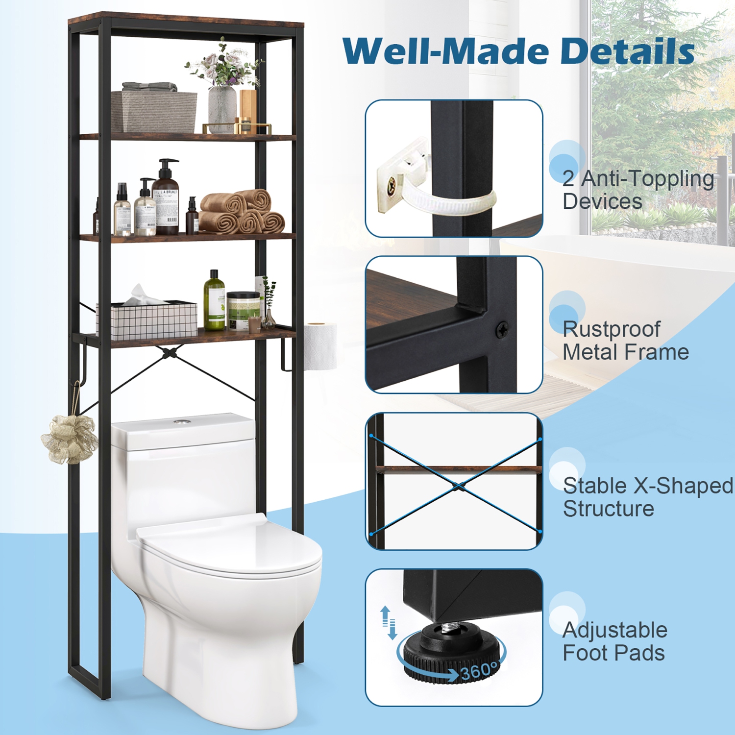 Gymax Over The Toilet Storage 4-Tier Industrial Over-the-Toilet Space Saver Storage Rack Rustic Brown