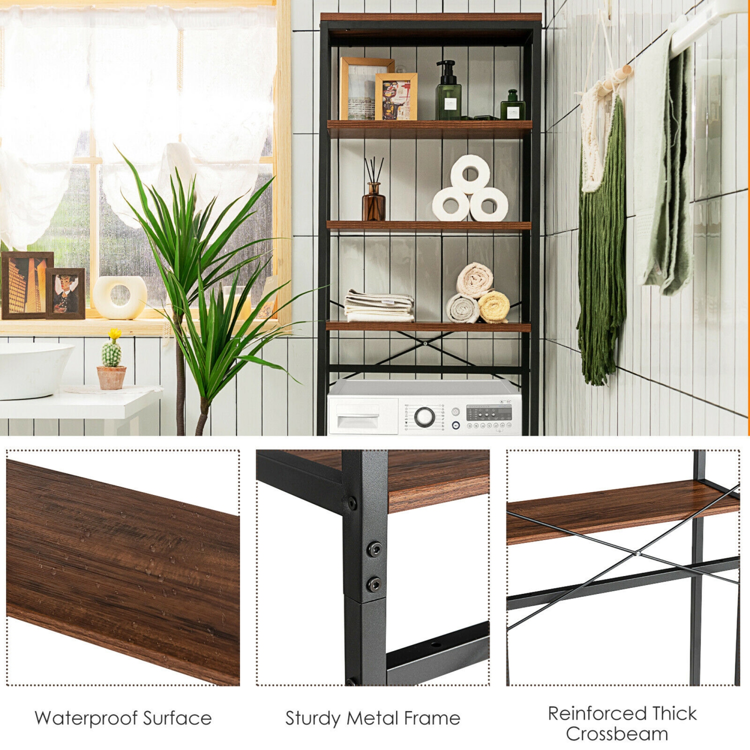 Gymax Over The Toilet Storage 4-Tier Industrial Over-the-Toilet Space Saver Storage Rack Rustic Brown