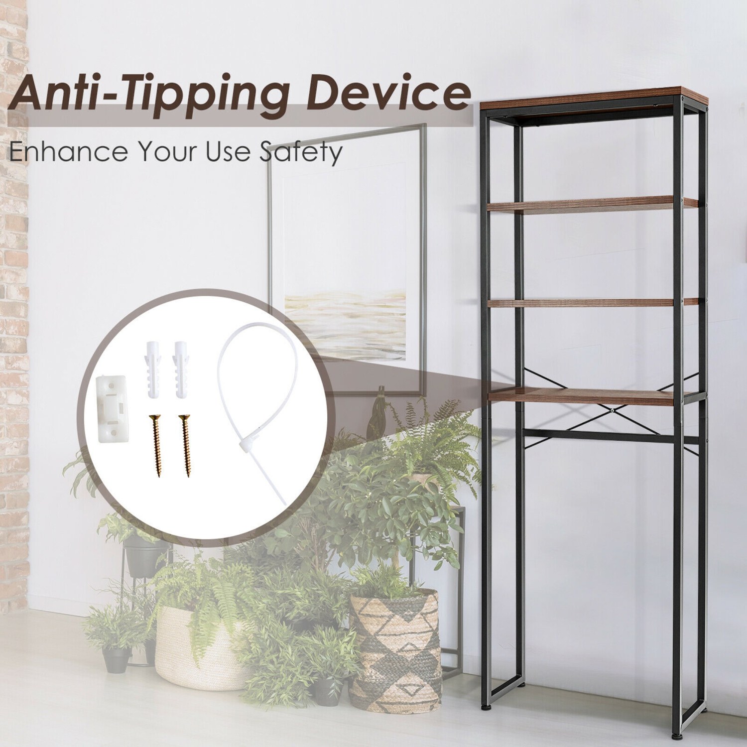 Gymax Over The Toilet Storage 4-Tier Industrial Over-the-Toilet Space Saver Storage Rack Rustic Brown