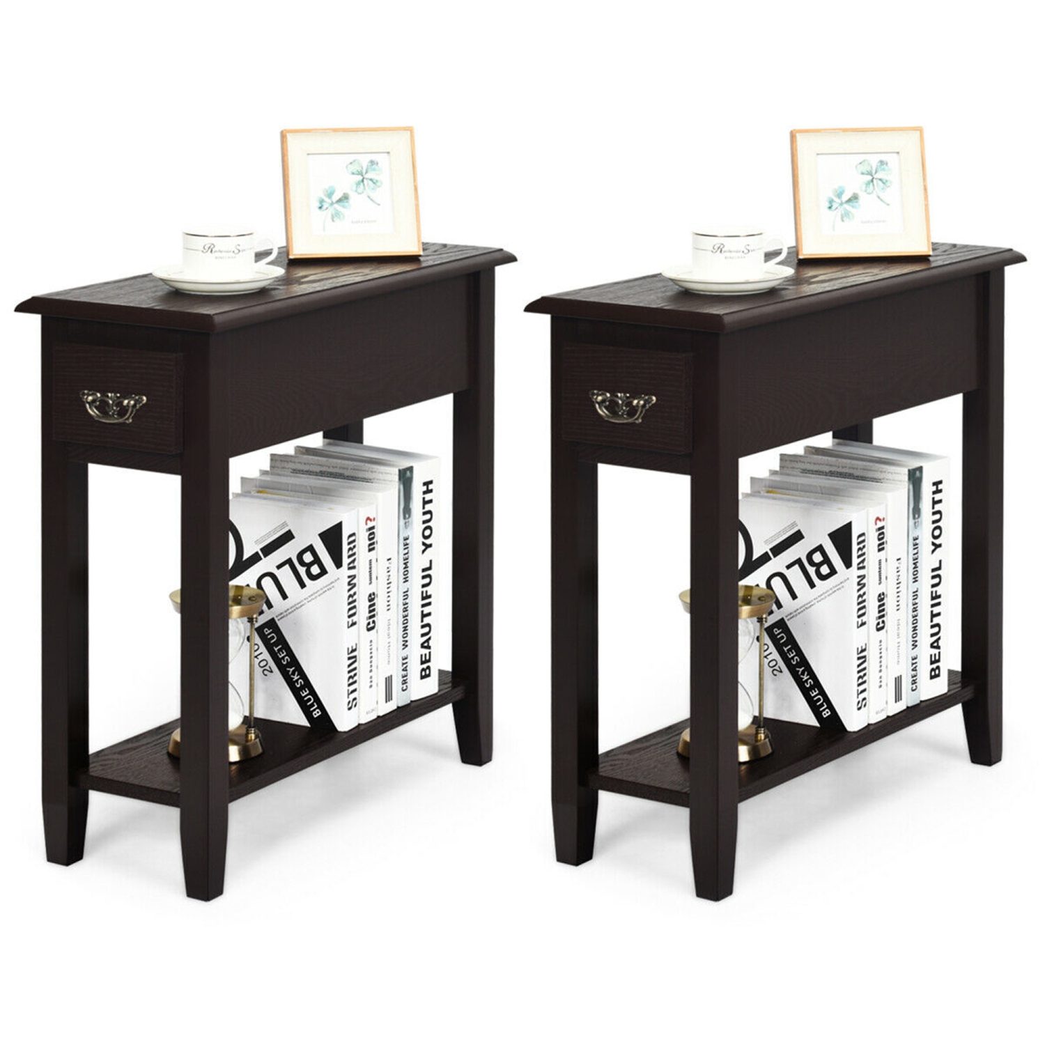 Gymax Set of 2 Nightstand 2 Tier End Bedside Sofa Side Table w/Drawer &Shelf Espresso