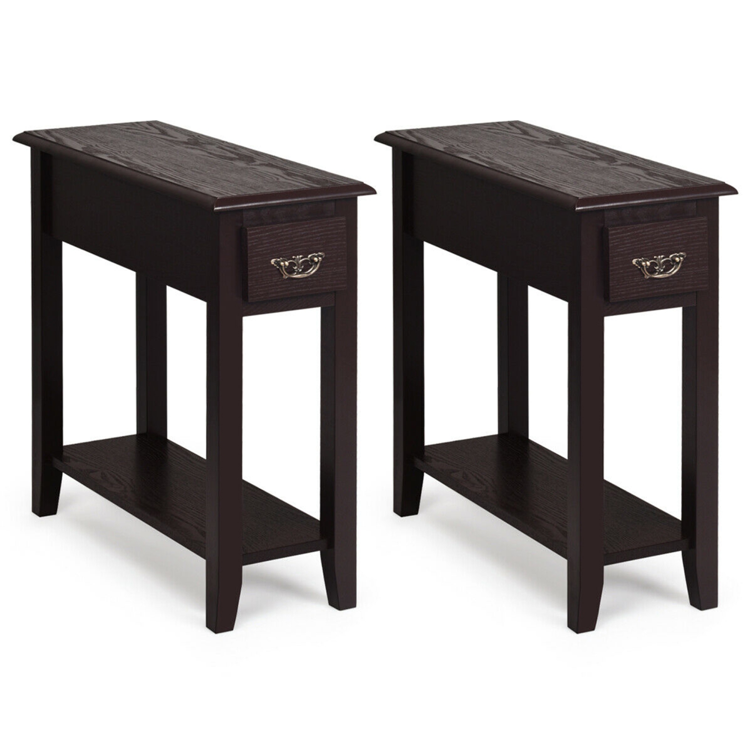 Gymax Set of 2 Nightstand 2 Tier End Bedside Sofa Side Table w/Drawer &Shelf Espresso