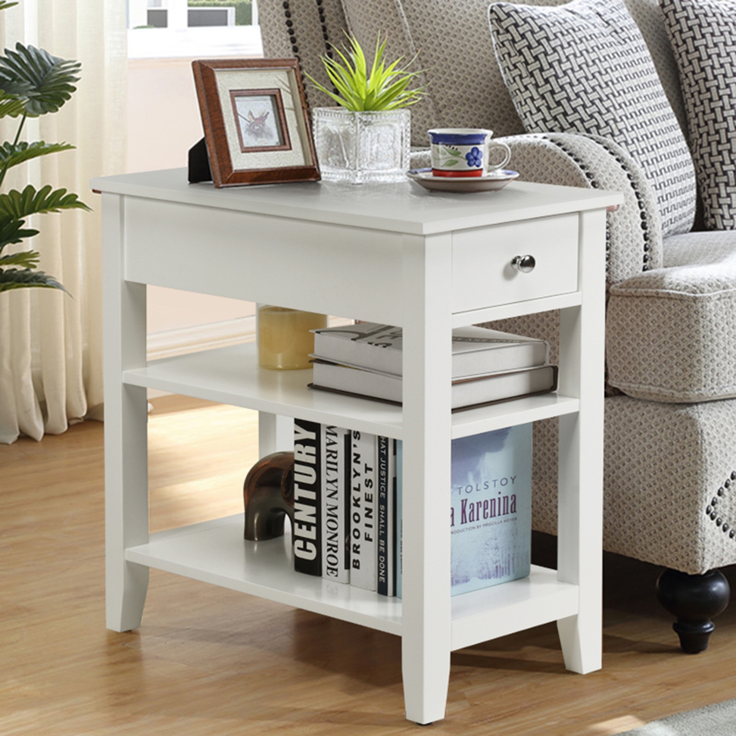 Gymax Set of 2 3Tier Nightstand Bedside Side End Table w/Double Shelves Drawer White