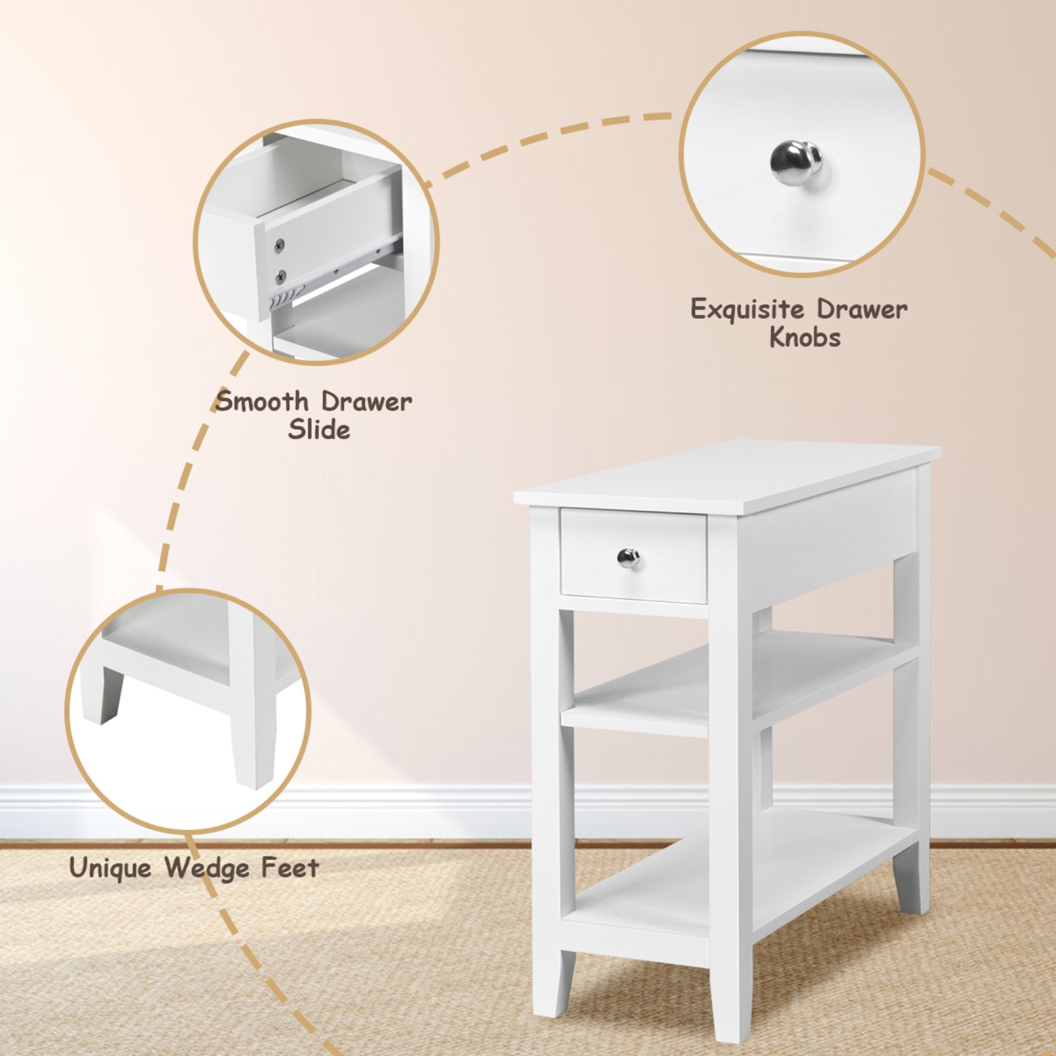 Gymax Set of 2 3Tier Nightstand Bedside Side End Table w/Double Shelves Drawer White