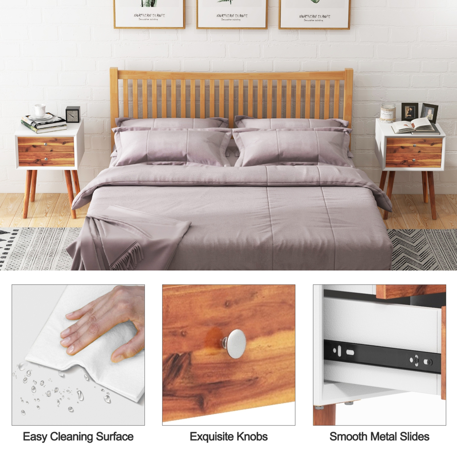 Gymax Wooden Nightstand Mid-Century End Side Table Bedroom W/2 Storage Drawers Brown