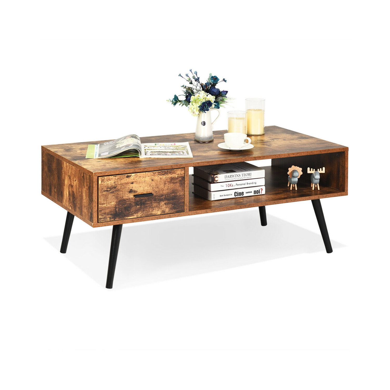 Gymax Retro Coffee Table Mid Century Modern Living Room Furniture w/Open Storage Shelf