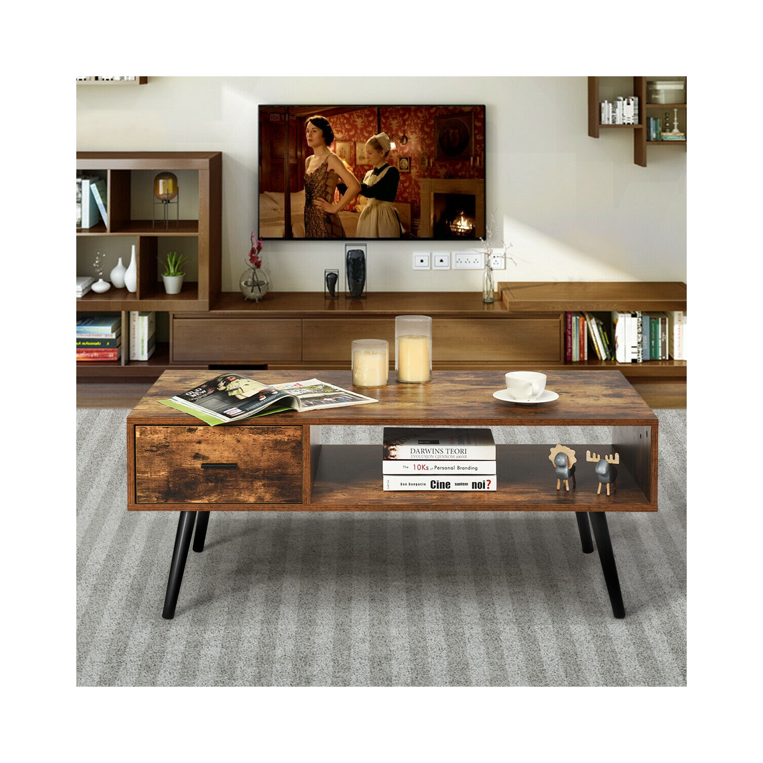 Gymax Retro Coffee Table Mid Century Modern Living Room Furniture w/Open Storage Shelf