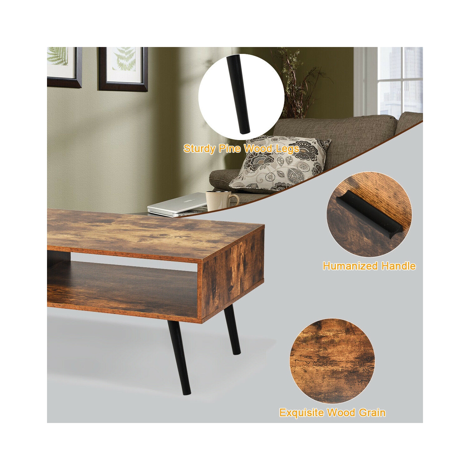 Gymax Retro Coffee Table Mid Century Modern Living Room Furniture w/Open Storage Shelf