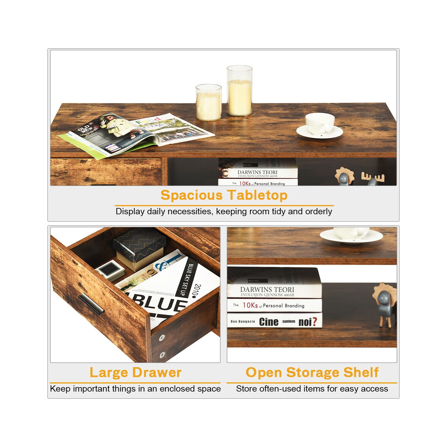 Gymax Retro Coffee Table Mid Century Modern Living Room Furniture w/Open Storage Shelf