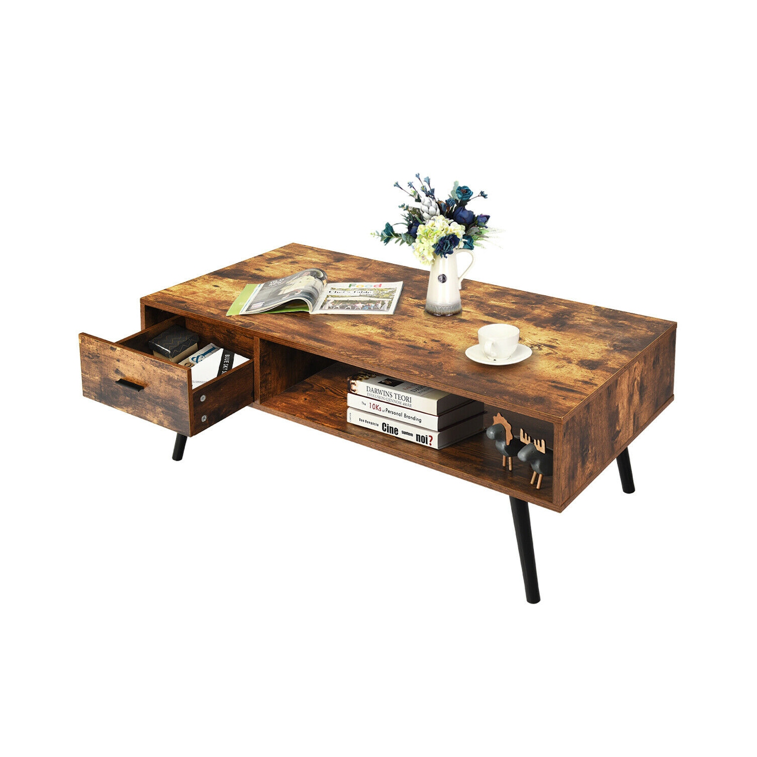 Gymax Retro Coffee Table Mid Century Modern Living Room Furniture w/Open Storage Shelf