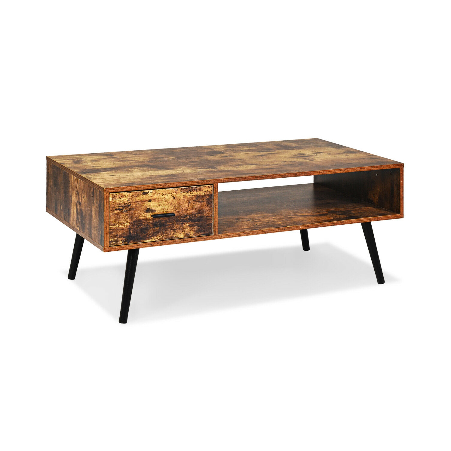 Gymax Retro Coffee Table Mid Century Modern Living Room Furniture w/Open Storage Shelf