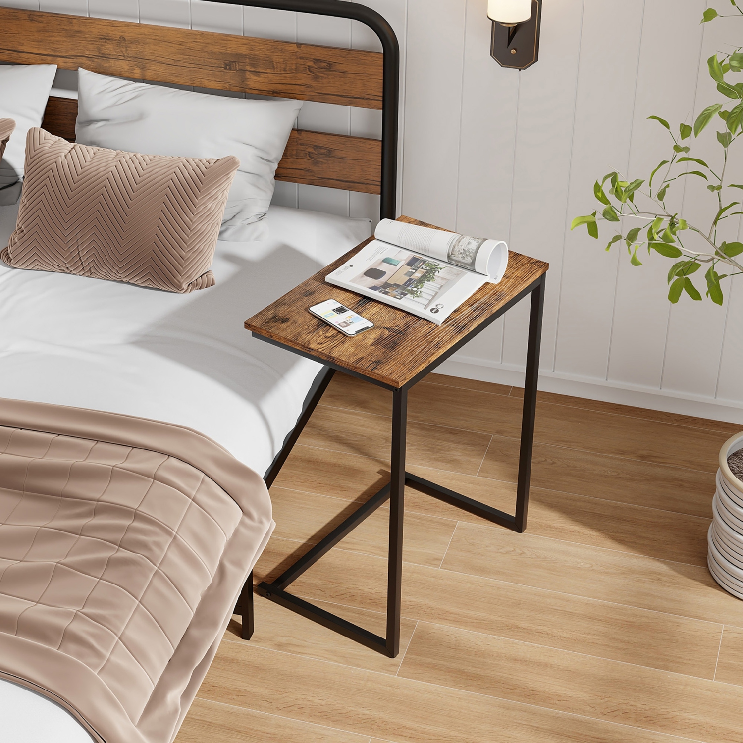 Gymax C-shaped End Table Vintage Accent Couch Table w/ Heavy-duty Metal Frame Brown