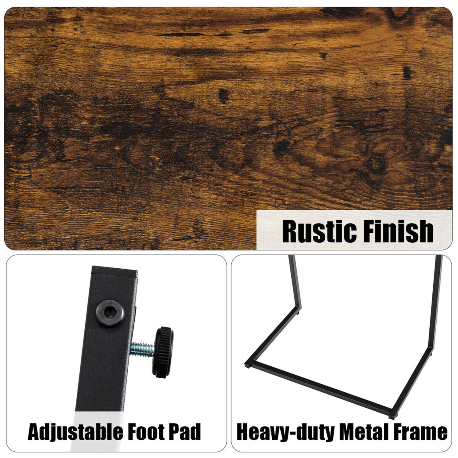 Gymax C-shaped End Table Vintage Accent Couch Table w/ Heavy-duty Metal Frame Brown